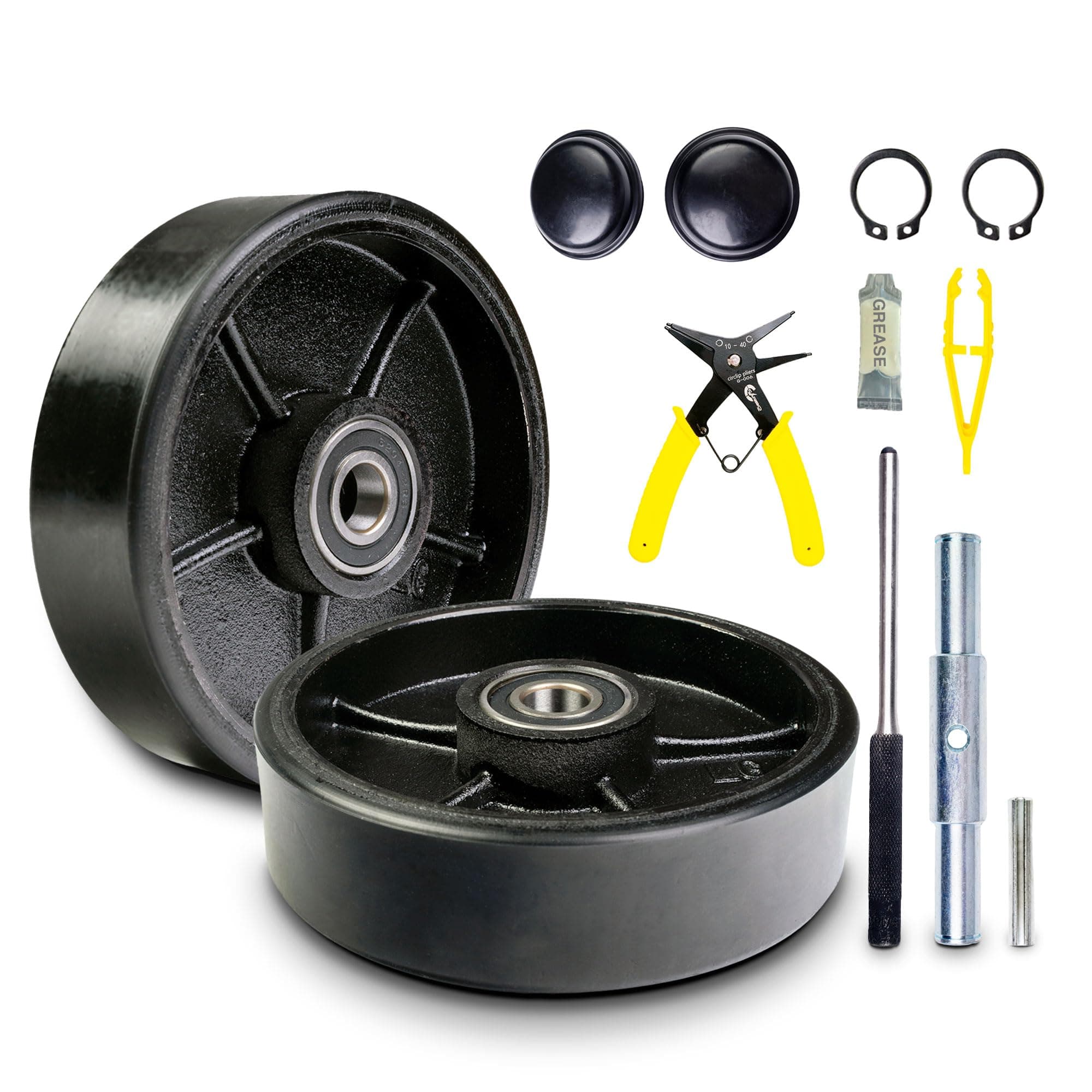 Pallet Jack/Truck Steering Wheels Set with Axle, Fasteners and Protective Caps (4 pcs) 7" x 2" with Bearings ID 20mm Poly Tread BLACK