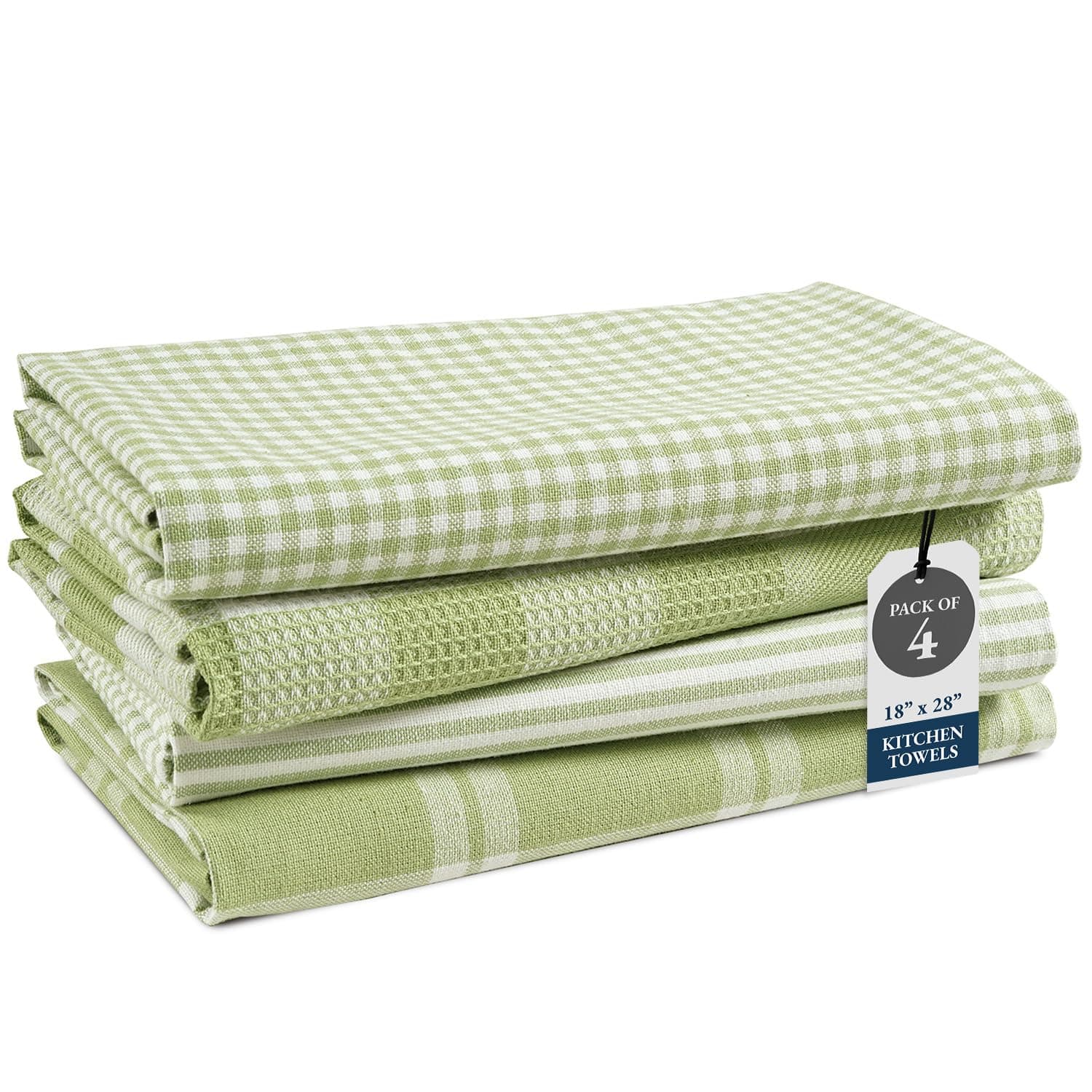 Cotton Kitchen Towels Set, 4-Pack – Absorbent, Quick-Drying Dish Towels, 18" x 28" - Sage Green