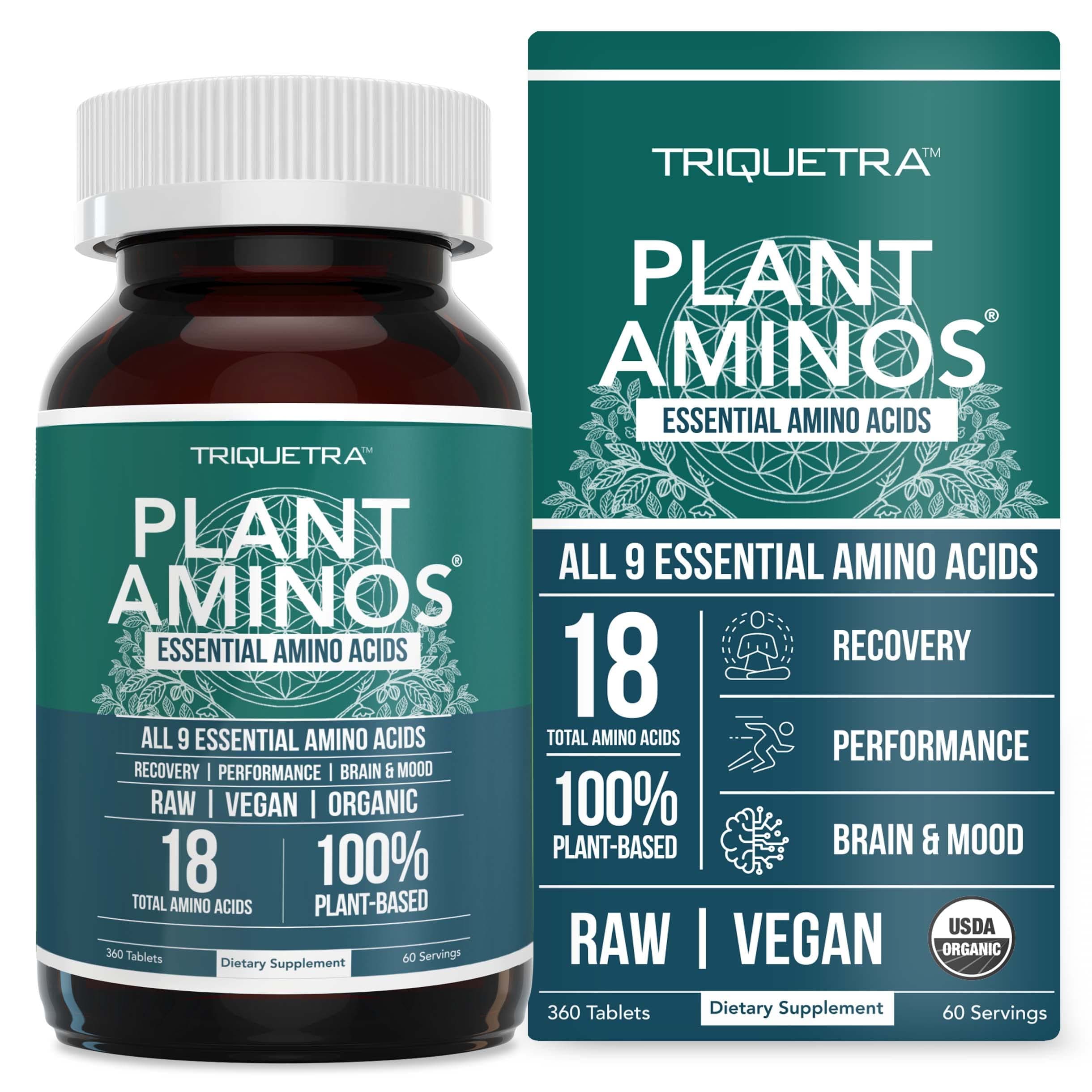 Plant Aminos Organic Essential Amino Acid Supplement (EAAs) & BCAA - 100% Plant-Based Raw, Vegan - All 9 Essential Amino Acids with 18 Total Amino Acids (360 Tablets)
