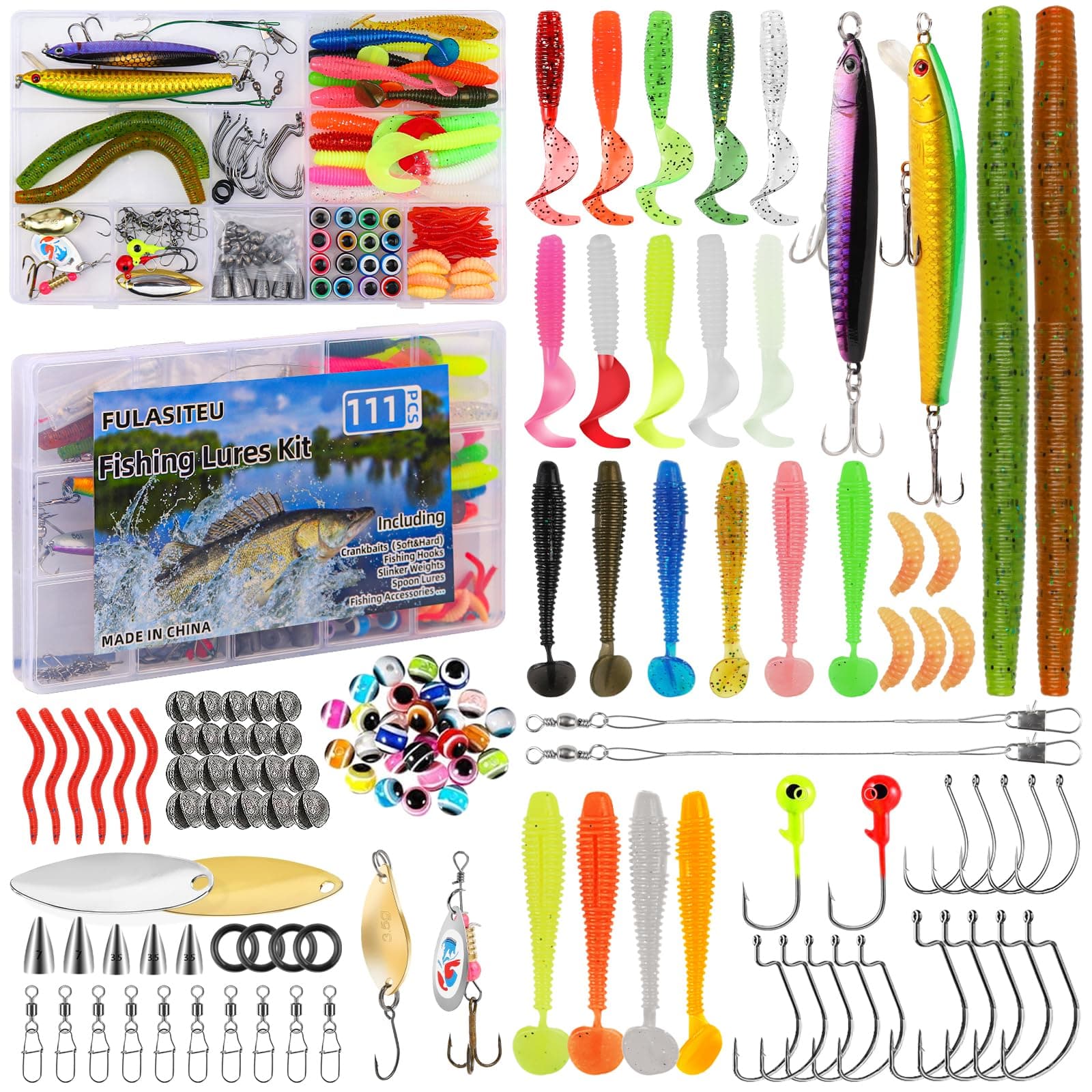 111PCS Fishing Lures Kit with Tackle Box for Bass Trout Salmon,Freshwater Bait Tackle Kit Included Crankbaits Spoon Hooks Weights and Other Fish Accessories,Men's Fishing Lure Gear Set Gifts