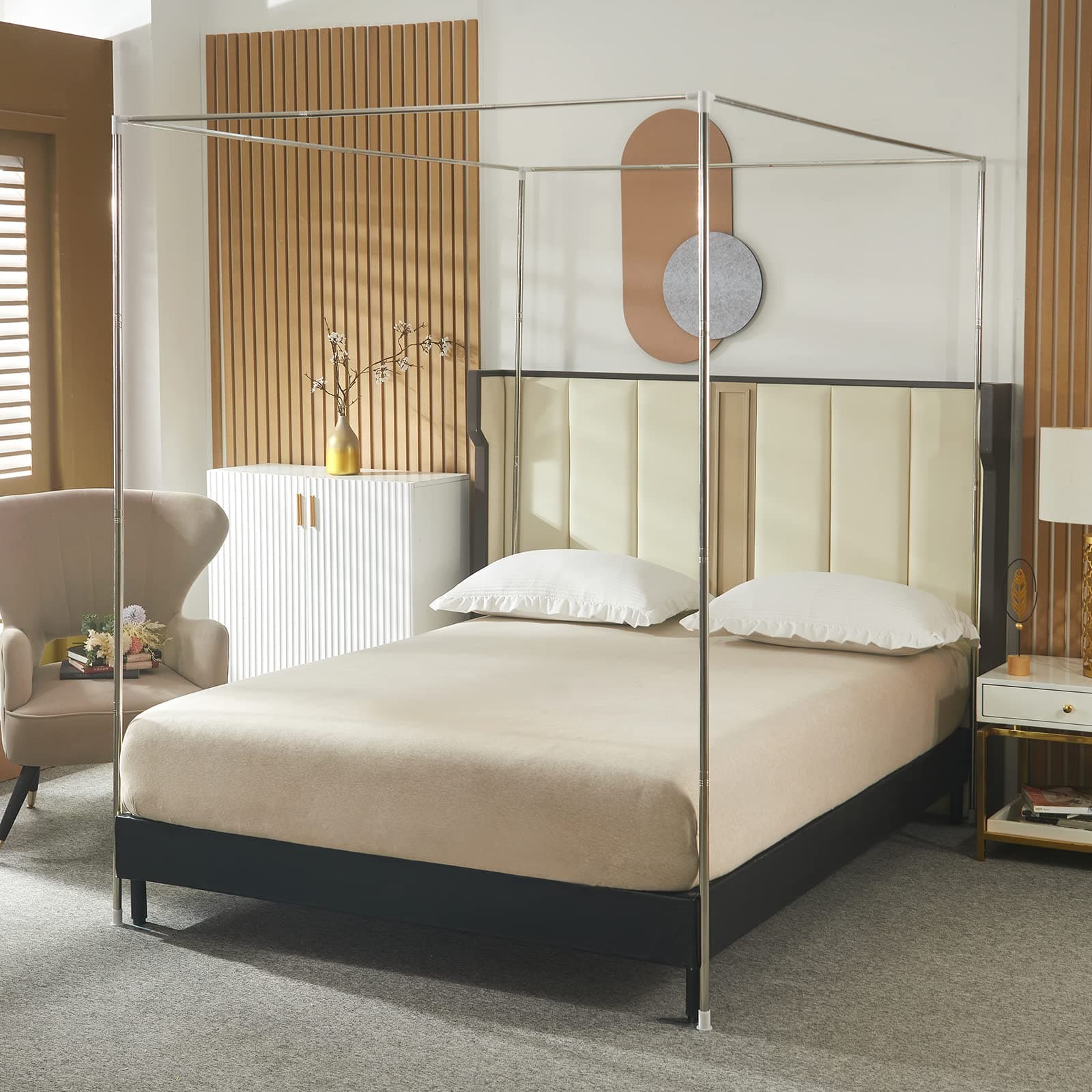 Beyeutao Stainless Steels Bed Canopy Frame King Size Canopy Bed Frame W150 x L200 x H200 cm 4 Poster Mosquito Frame Mosquito Net Pole for Play Tent Stand Outdoor or Indoor