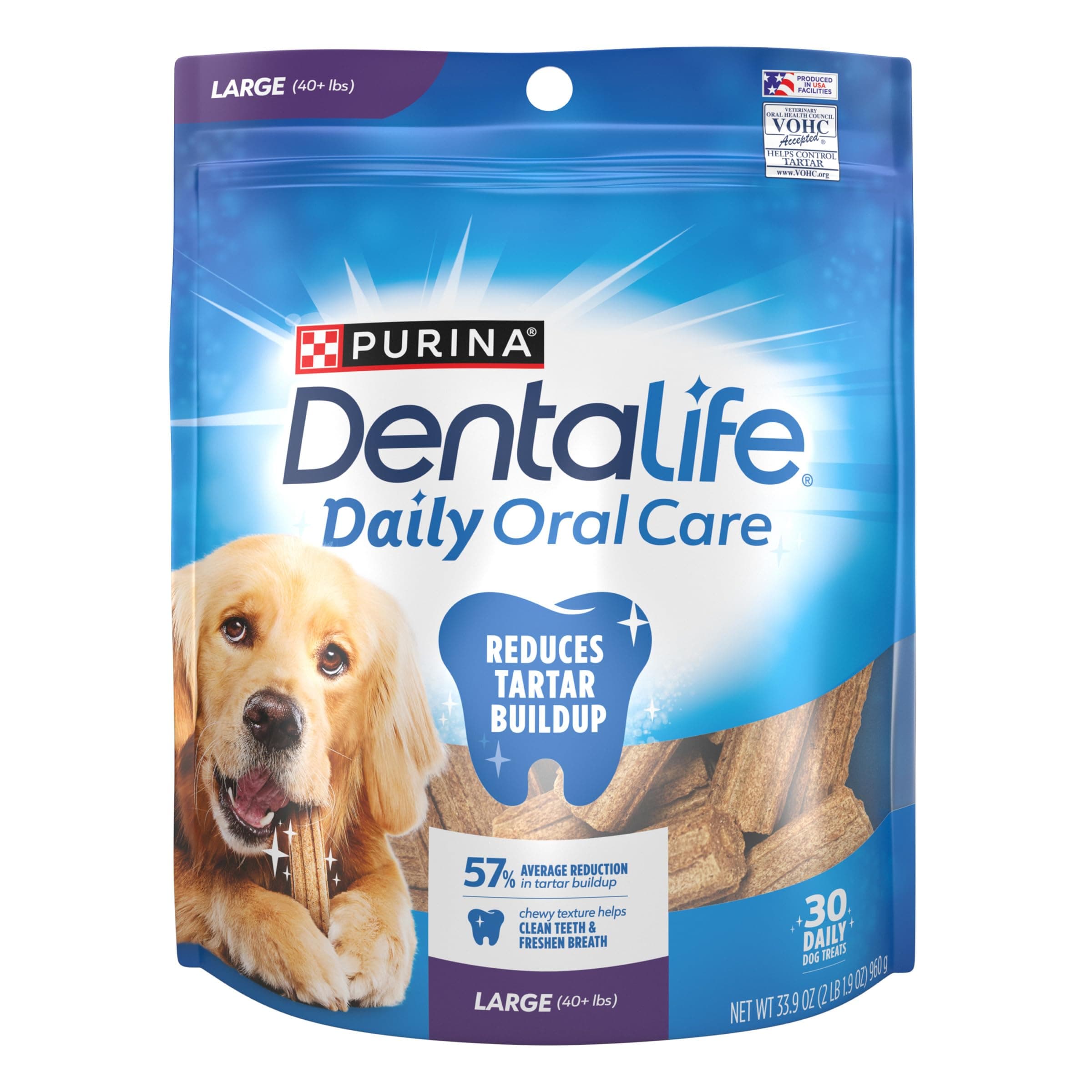 Daily Oral Care Dog Treats for Large Dogs, Chewy Dental Treat to Freshen Breath and Fight Tartar, Chicken Flavor - 30 ct. Pouch