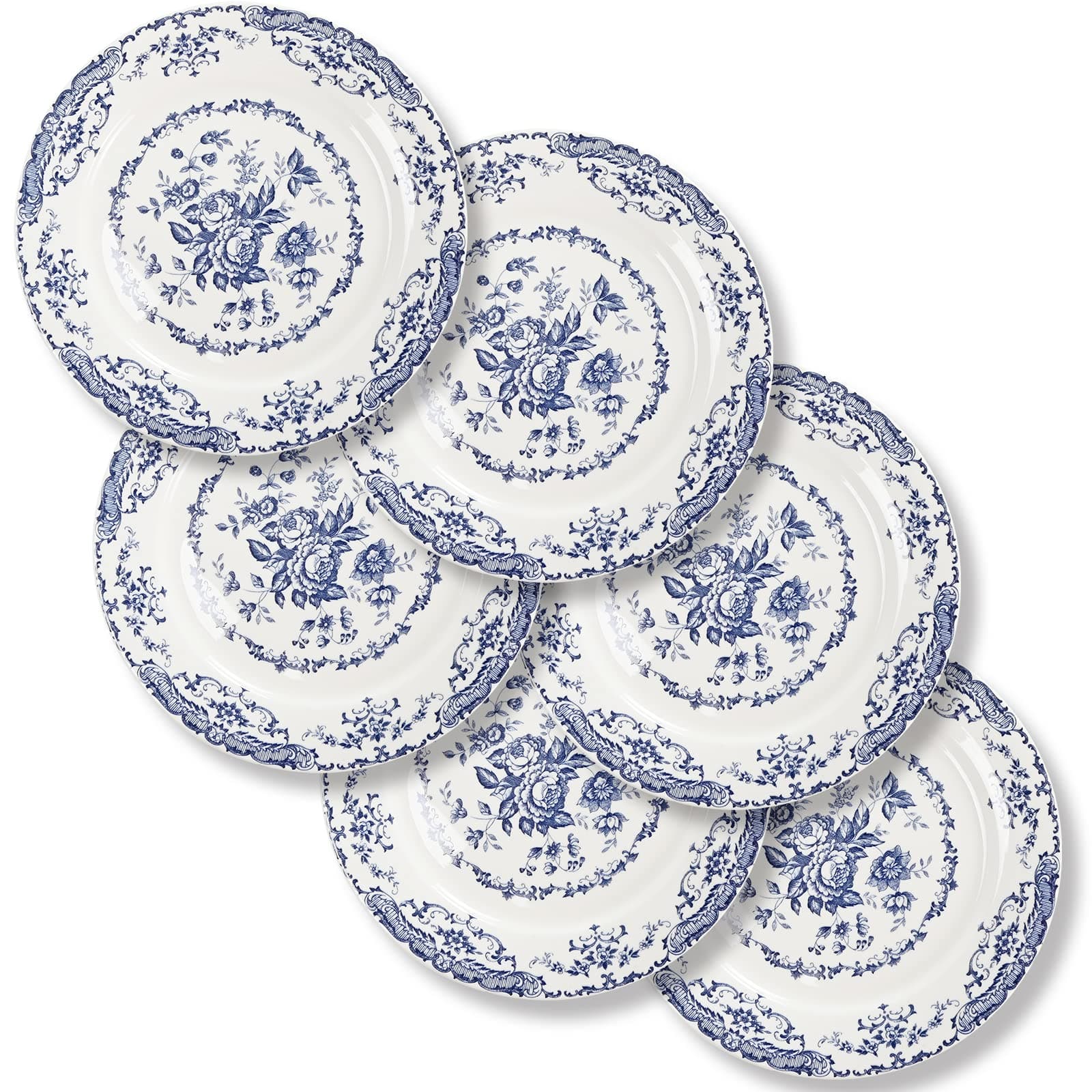 Dinner Plates, Ceramic Plates Set of 6, Kitchen Plates Microwave Safe, White Plate Dessert Blue Floral Plate Porcelain (Blue Rose, 10.5 inch)