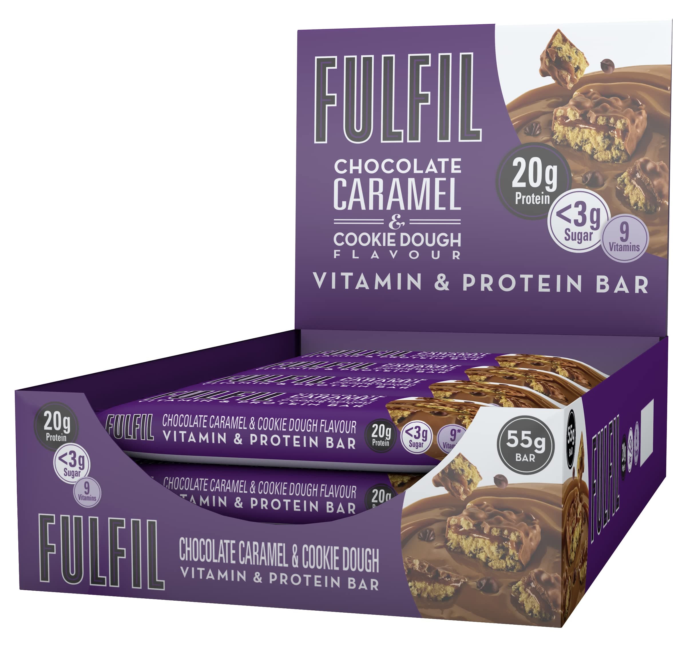 FULFIL Vitamin And Protein Bar 15 X 55G Bars Chocolate Caramel & Cookie Dough Flavour 20G High Protein, 9 Vitamins, Low Sugar