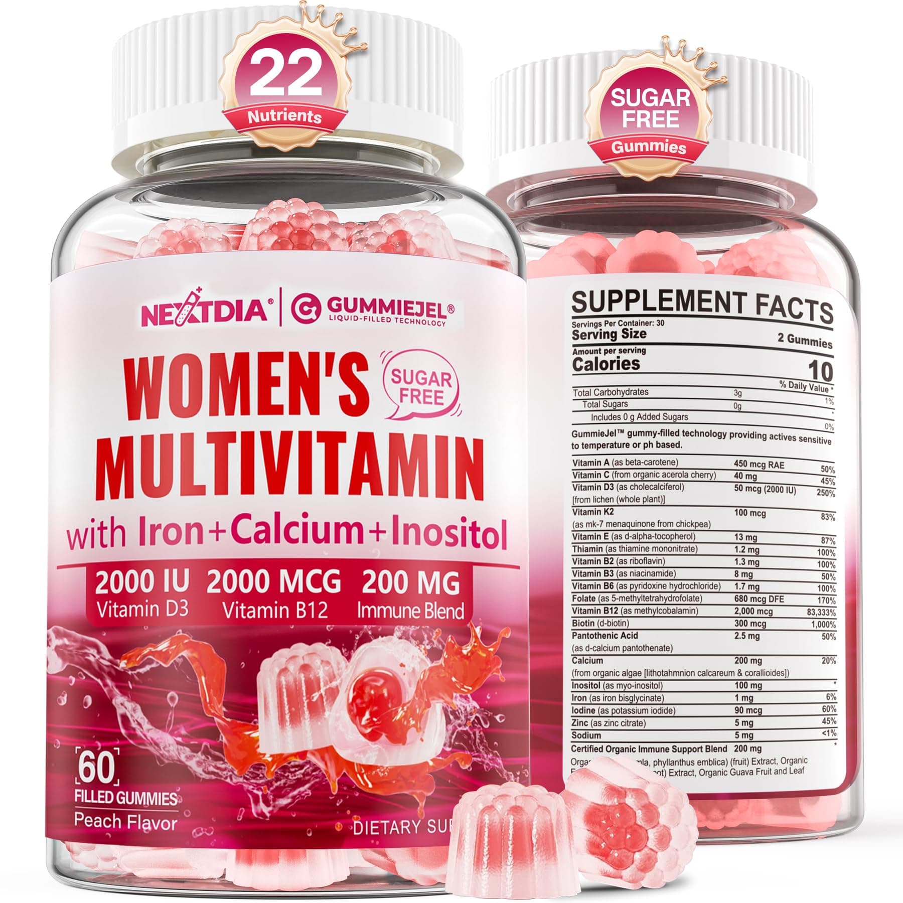 Methylated Multivitamin for Women Gummies, Calcium, D3 K2, Methylfolate & B12, Inositol, Daily Vitamin A C E, B Complex, Biotin, Zinc, Iron -Energy, Immune, Bone, Skin, Hair - Vegan, Sugar Free, 60Cts
