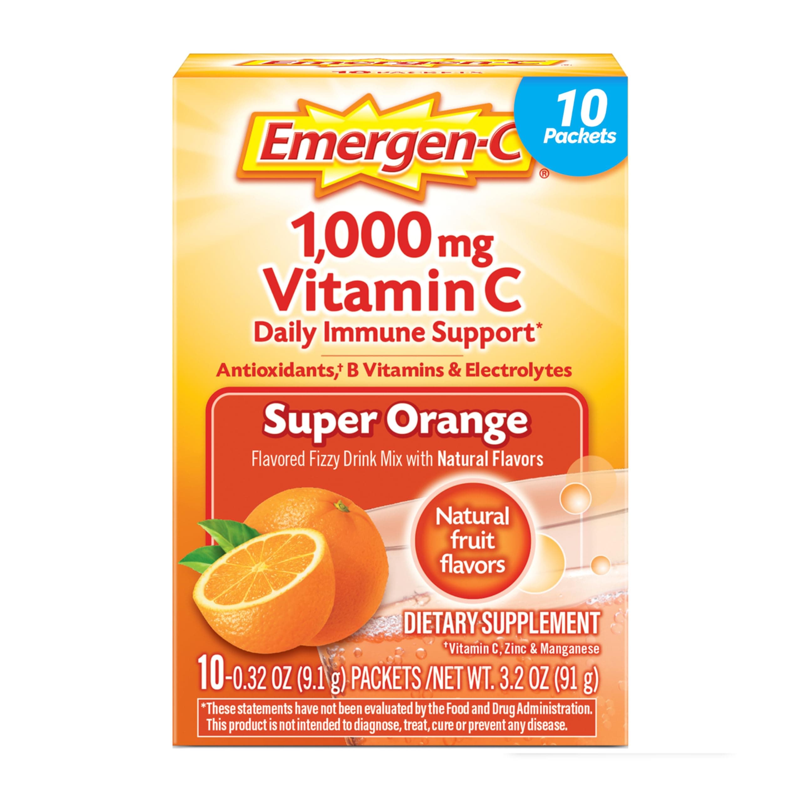 (10 Count, Super Orange Flavor) Dietary Supplement Fizzy Drink Mix with 1000mg Vitamin C, 0.32 Ounce Packets, Caffeine Free