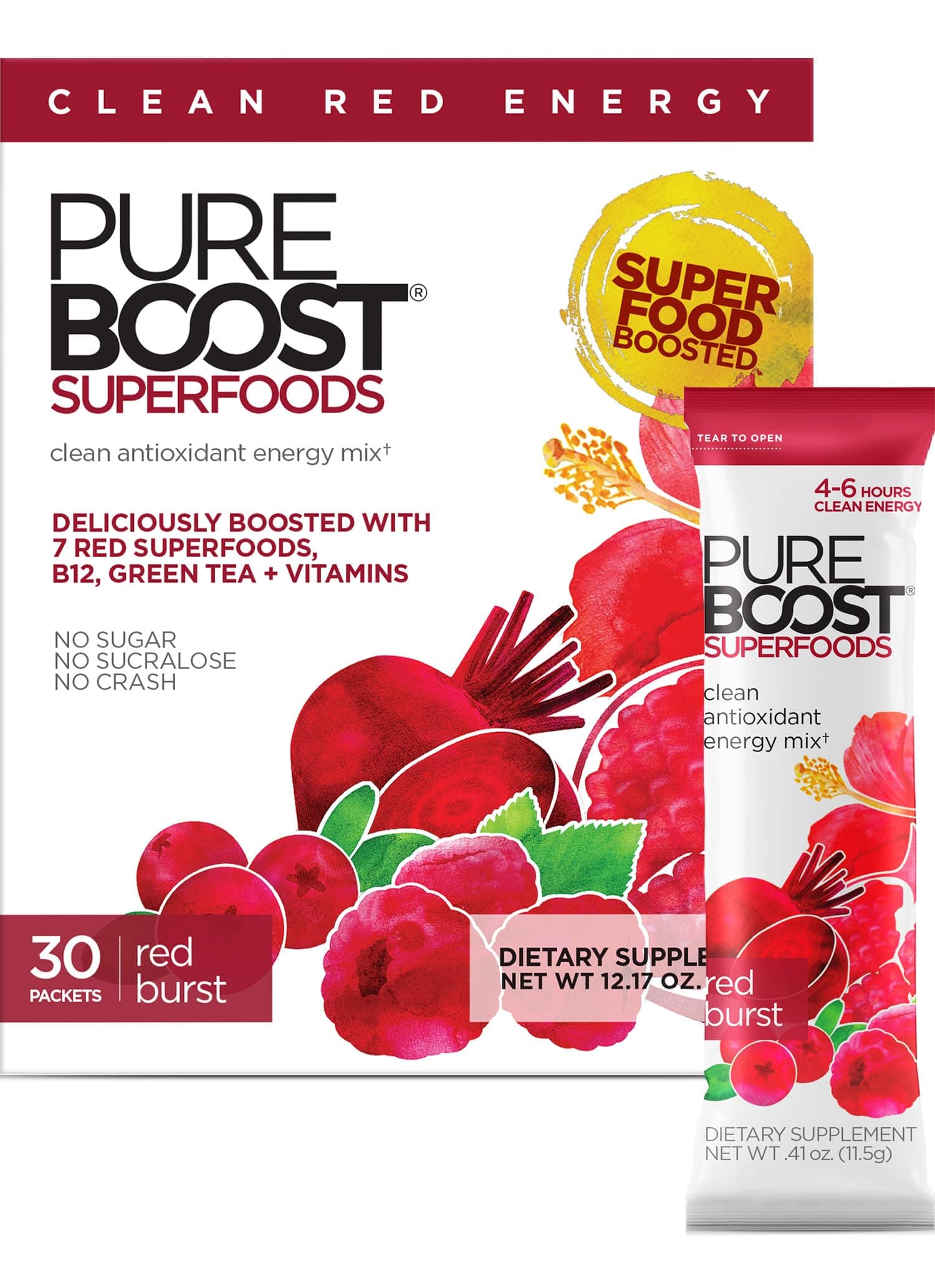 Superfoods Clean Energy Booster, Refreshing Energy Drink Mix with 7 Organic Red Superfoods; Beet, Hibiscus, Pomegranate and Vitamins. Sugar-Free, No Sucralose (Red Burst, 30 Count)