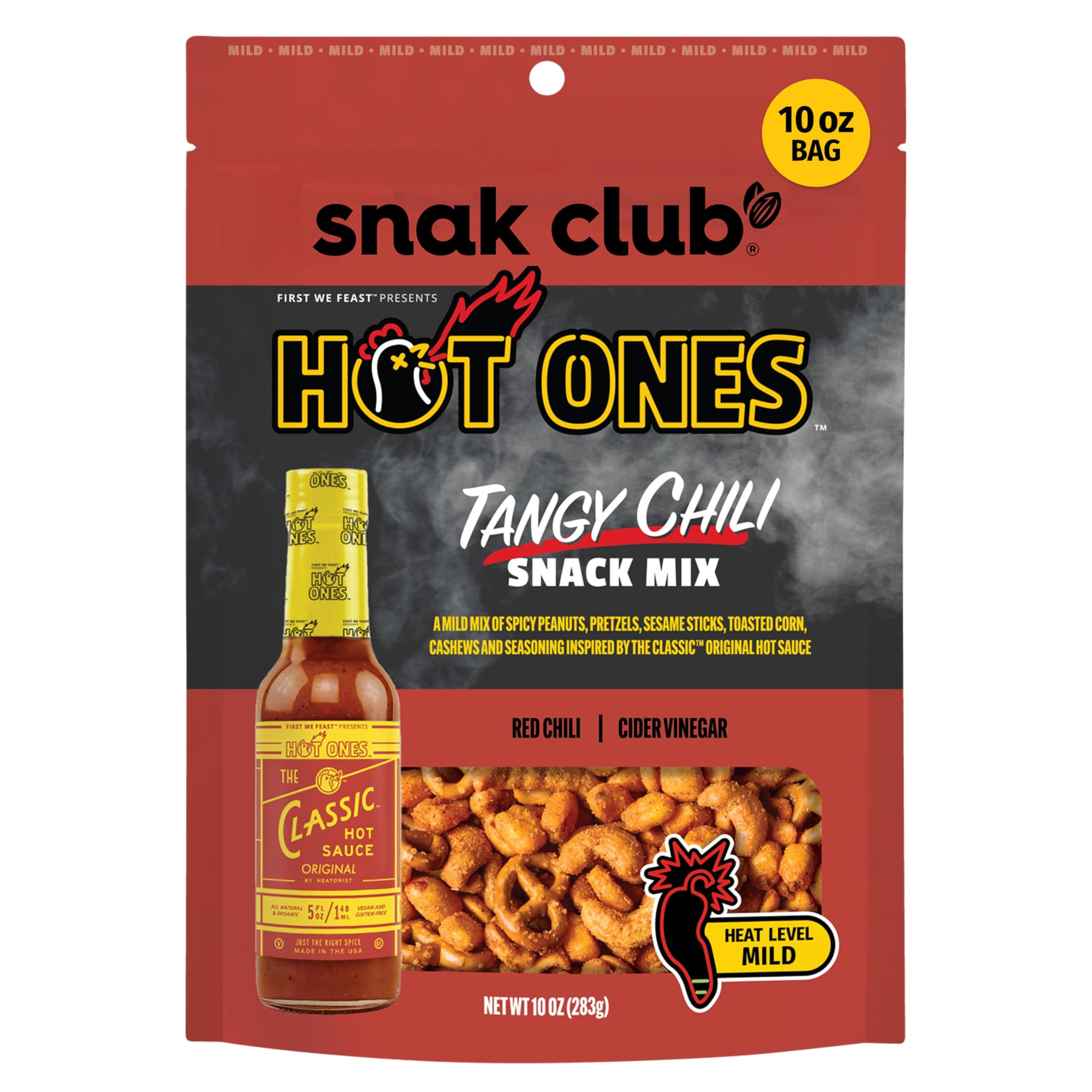 Snak Club x Hot Ones Snack Mix, Spicy Chili, Spicy Snacks with Peanuts, Pretzels, Sesame Sticks, Roasted Corn, Cashews, Inspired by Hot Vegan Snack, 10 Oz, Resealable