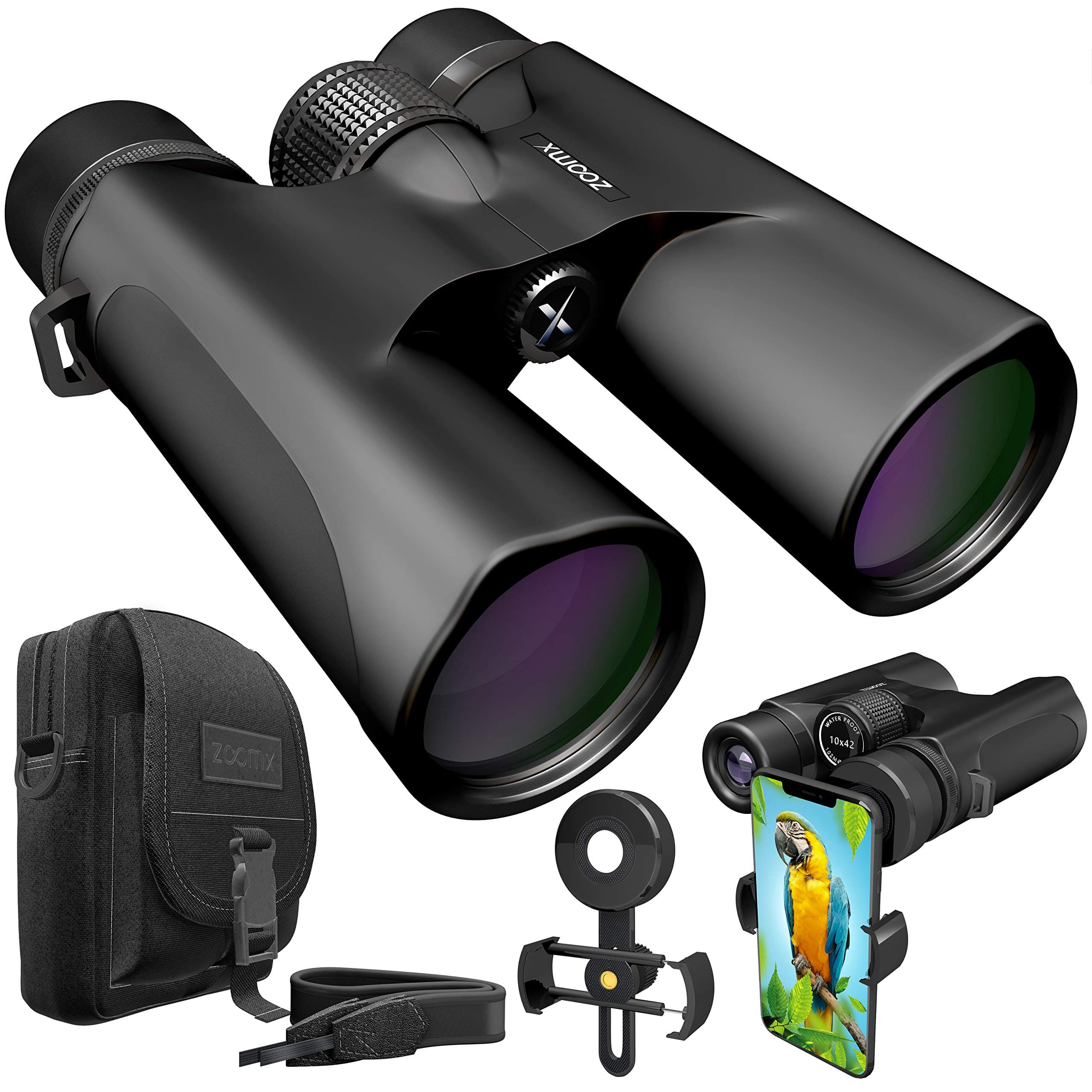 ZoomX Binoculars for Adults. 10x42 Waterproof Lightweight Compact Binocular Prism Bak4. HD Binocular for Bird Watching Hunting Traveling and Sightseeing with Smartphone Adapter, Grey