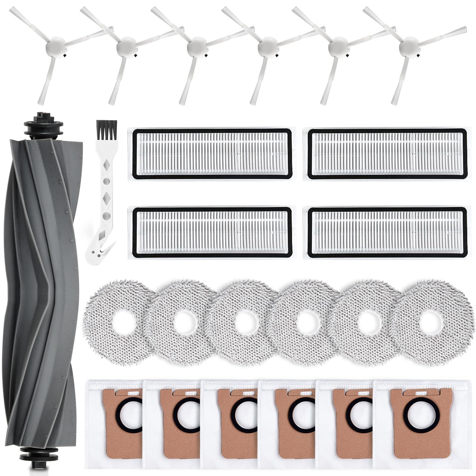 24 Pack Accessories Kit for Dreame L10s Ultra / L10 Ultra Robot Vacuum Replacement Parts Including 1 Main Brush 4 HEPA Filters 6 Sidebrushes 6 Mop Pads 6 Dust Bags 1 Cleaning Brush