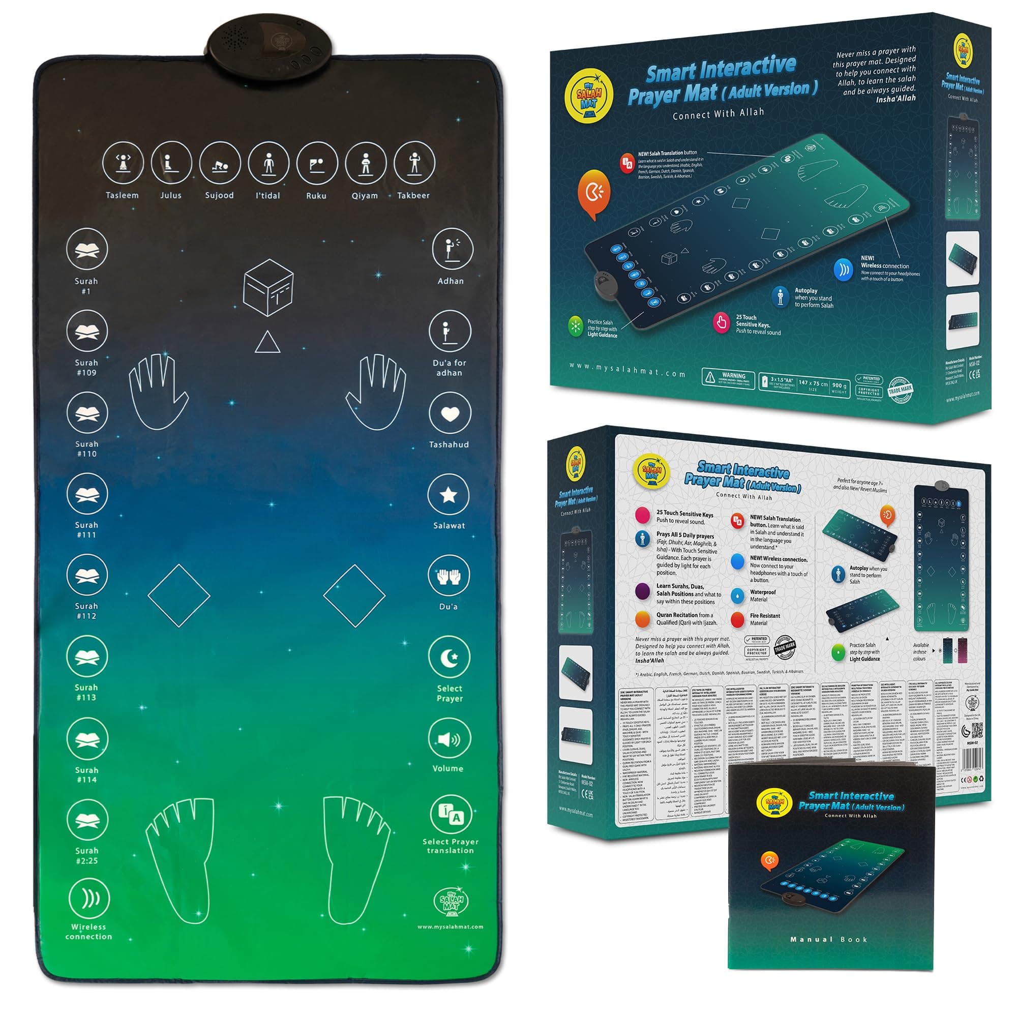 My Salah Mat Interactive Padded Muslim Prayer Mat for Adults & Reverts Electronic Smart Prayer Rug with 25 Touch Keys & Speaker – Learning Salah, Surahs, Duas – For Ages 8+ Ramadan Eid Gift (Green)