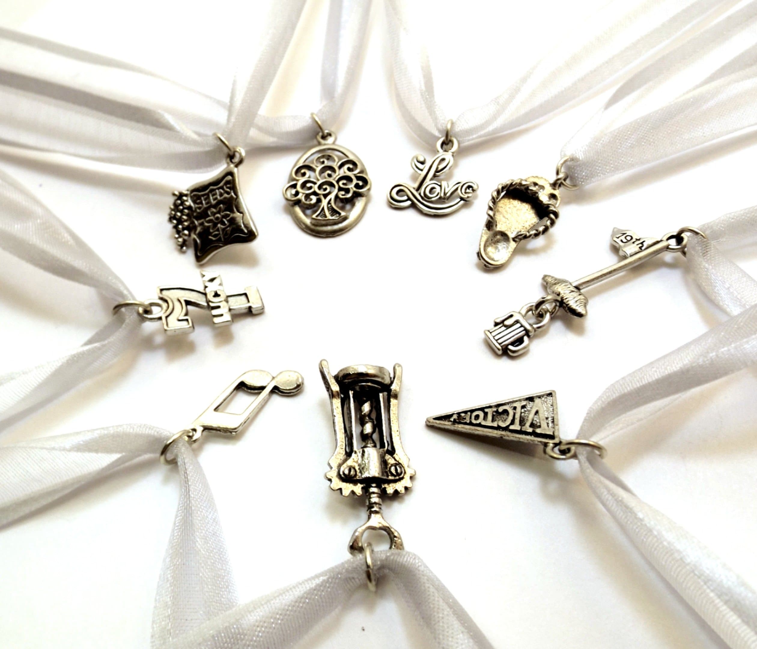 Uplifting Wedding Cake Pull Charms - Silver Ribbon - Set of Nine (9)