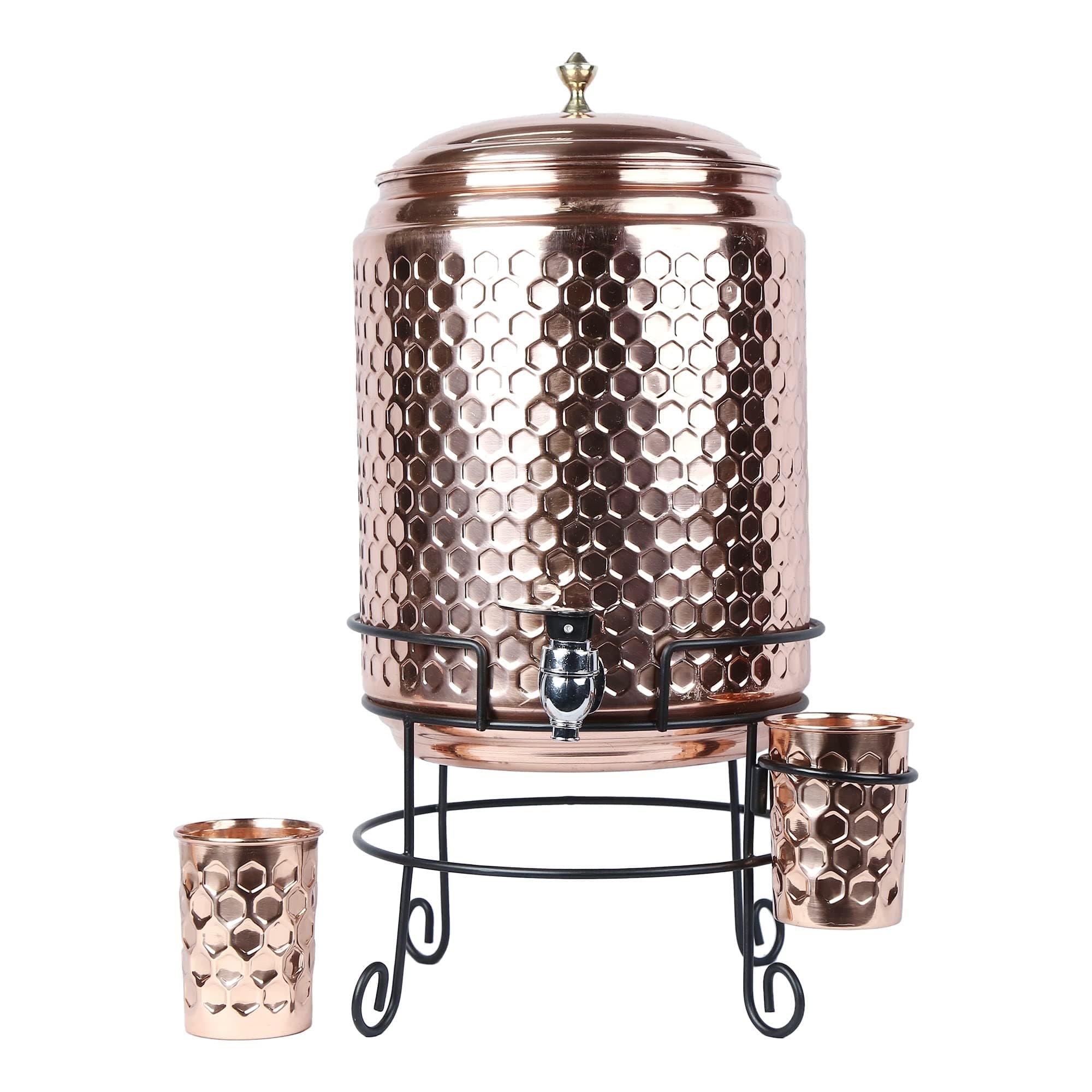 R Ayurveda Copper Handmade Copper Matka Honey Diamond Pure With Stand And Two Glass, 11 Liter, 3-Piece, Clear