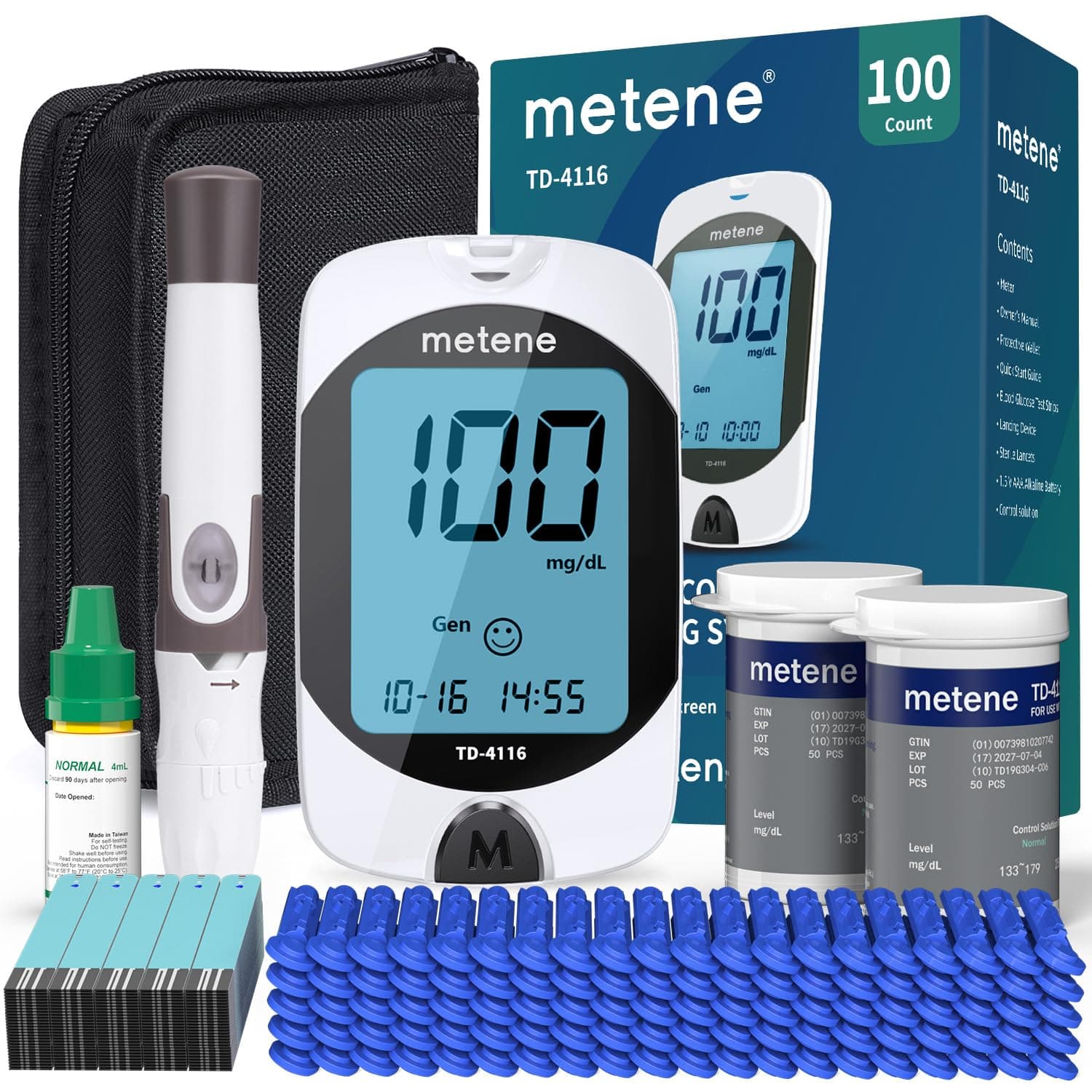 TD-4116 Blood Glucose Monitor Kit, 100 Glucometer Strips, 100 Lancets, 1 Blood Sugar Monitor, Blood Sugar Test Kit with Control Solution, Lancing Device, No Coding, Large Display