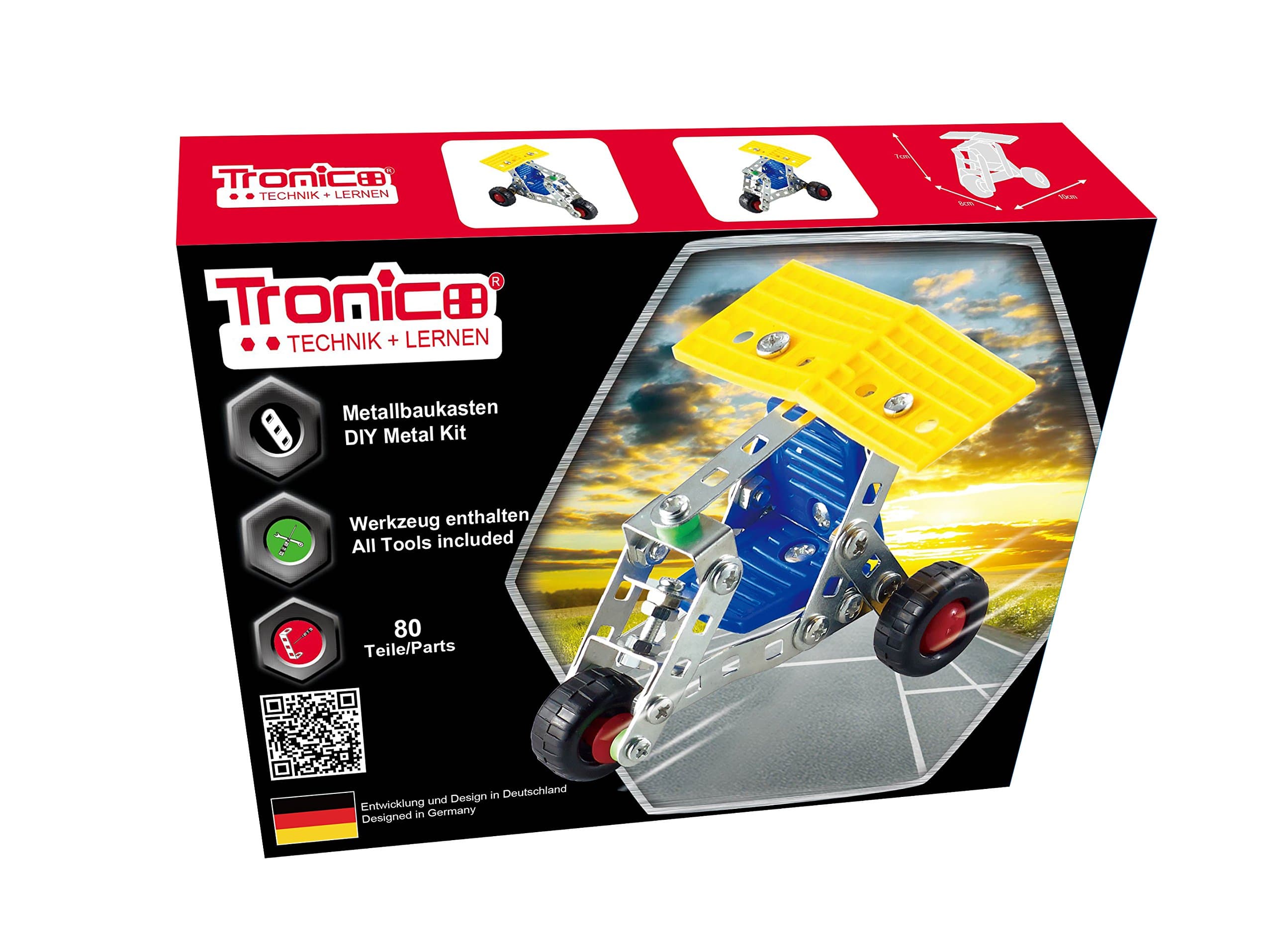 Metal Construction Model Kit, TRICYCLE, 80 parts, Tronico© Germany, including tools, metal mechanical construction, kids metal kits, metal mechanics kits