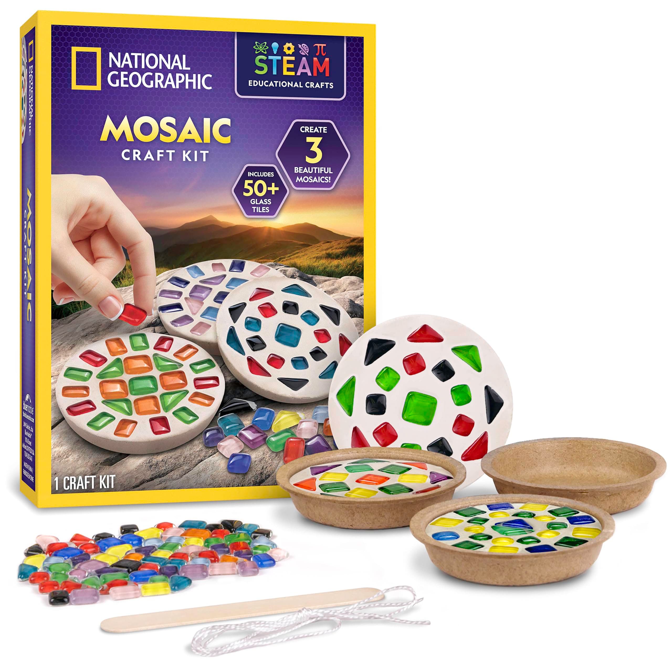 National Geographic Mosaic Arts and Crafts Kit for Kids - Mosaic Kit for Creating 3 Glass Tile Mosaic Art Projects, Includes Glass Tiles, Templates, Plaster & More, Art Supplies, Mosaic Kits for Kids