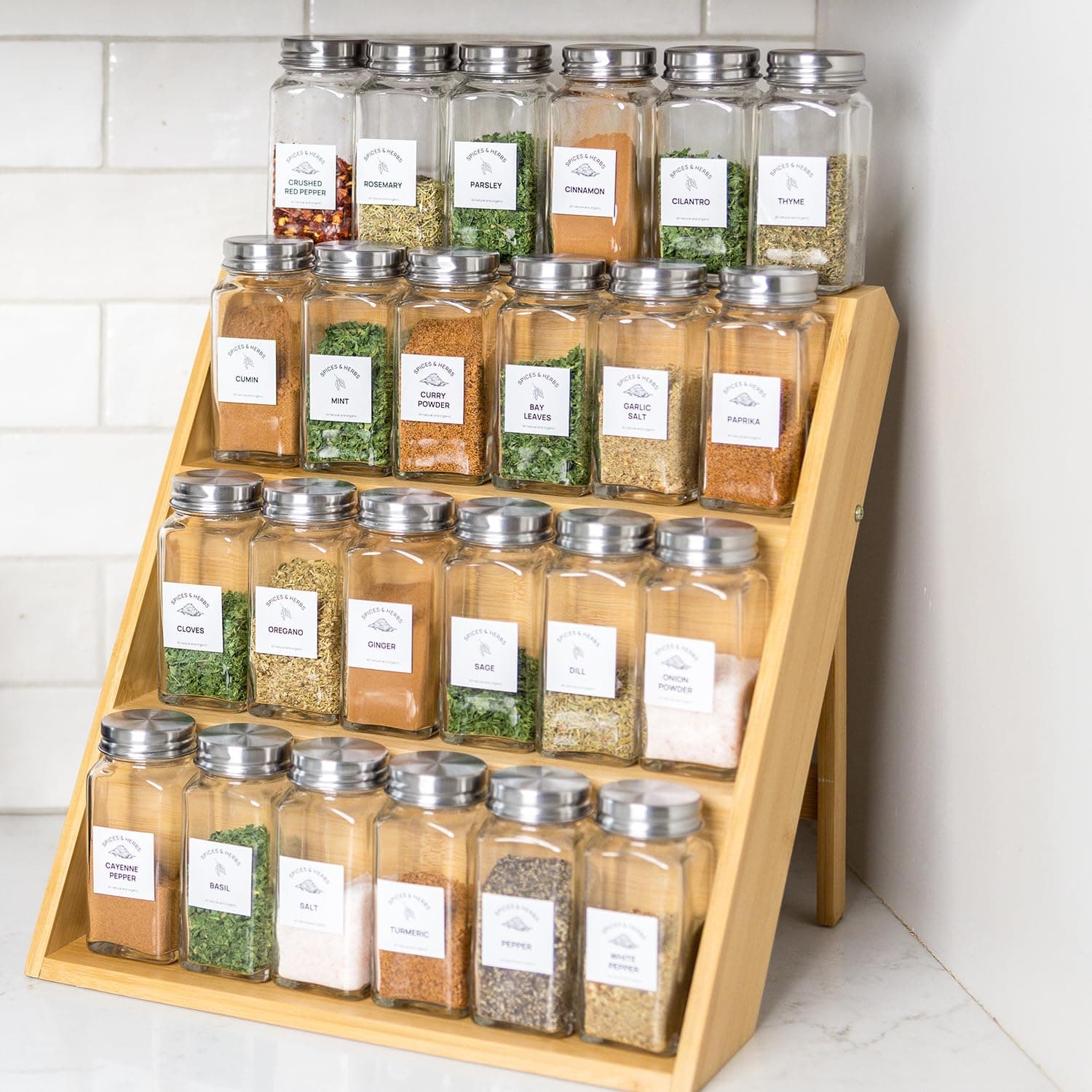 ECLECTICS KC Wooden Spice Rack Organizer - 3 Tier Shelf for Kitchen, Countertop, Drawer, and Cabinet - Organic Bamboo- Includes 48 Labels & Non-Slip Pads