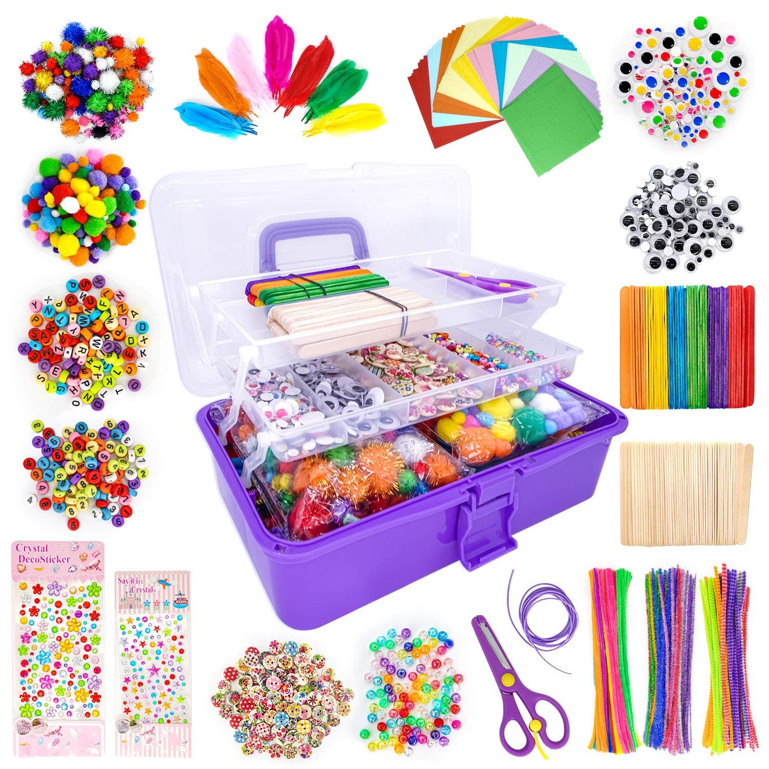 kortes Jumbo Art and Craft Supplies for Kids, Toddler DIY Craft Art Supply Set Included Pipe Cleaners, Pom Poms, Feather, Folding Storage Box - All in One for Craft DIY Art Supplies (Purple)