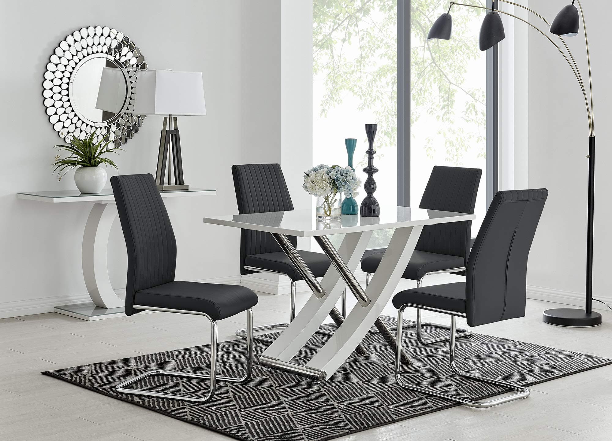 Furniturebox UK Mayfair 4 Modern White High Gloss Stainless Steel Metal Dining Table and 4 Stylish Lorenzo Dining Chairs Seats Set (Dining Table + 4 Black Lorenzo Chairs)