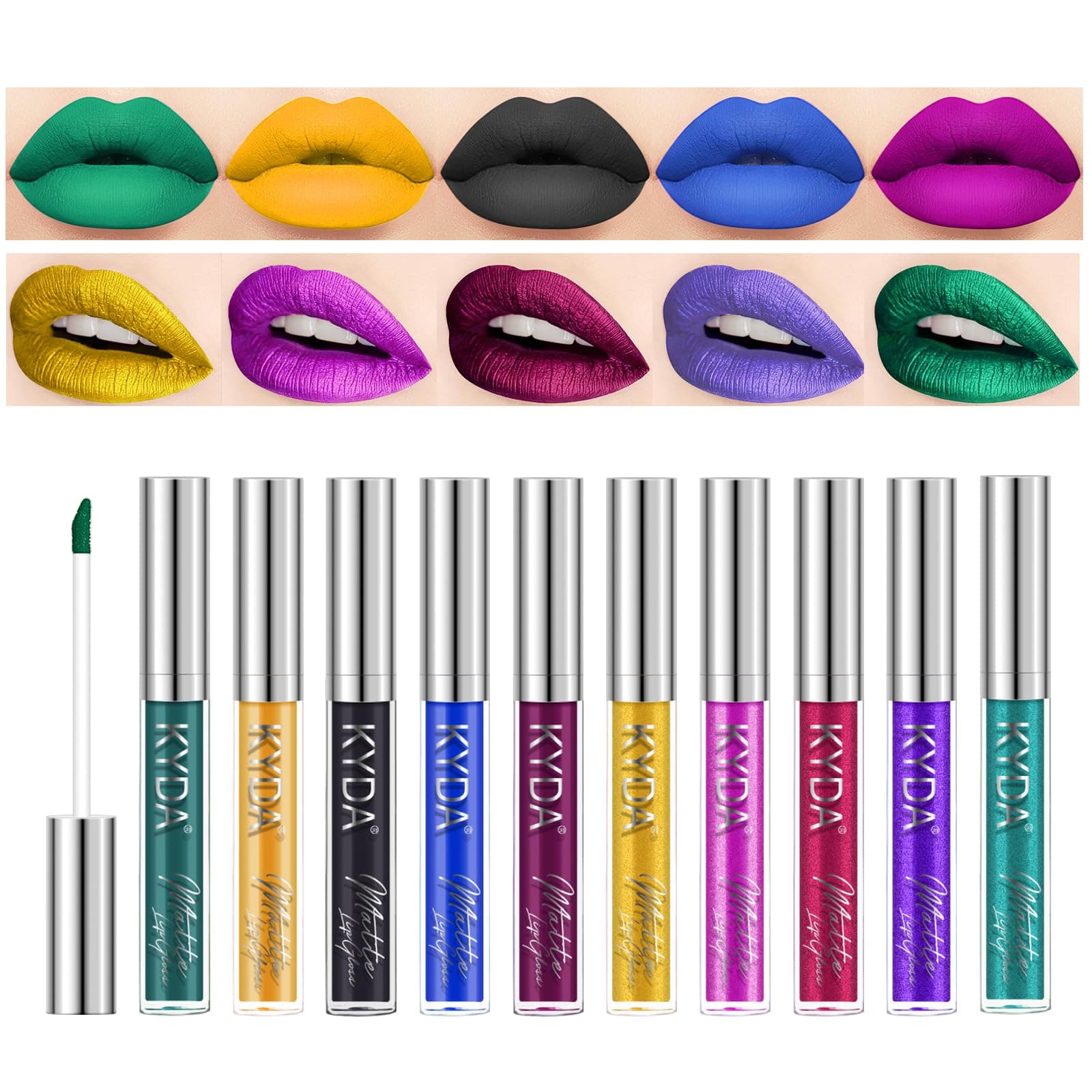 KYDA 10 Colors Lipstick Set, Green Lipstick Metallic Lipstick Set, Non-Stick Cup Long Wear Lip Glaze, High Pigmented Lipstick Cosmetic Gift Kit for Glossy and Full Matte Lip Gloss