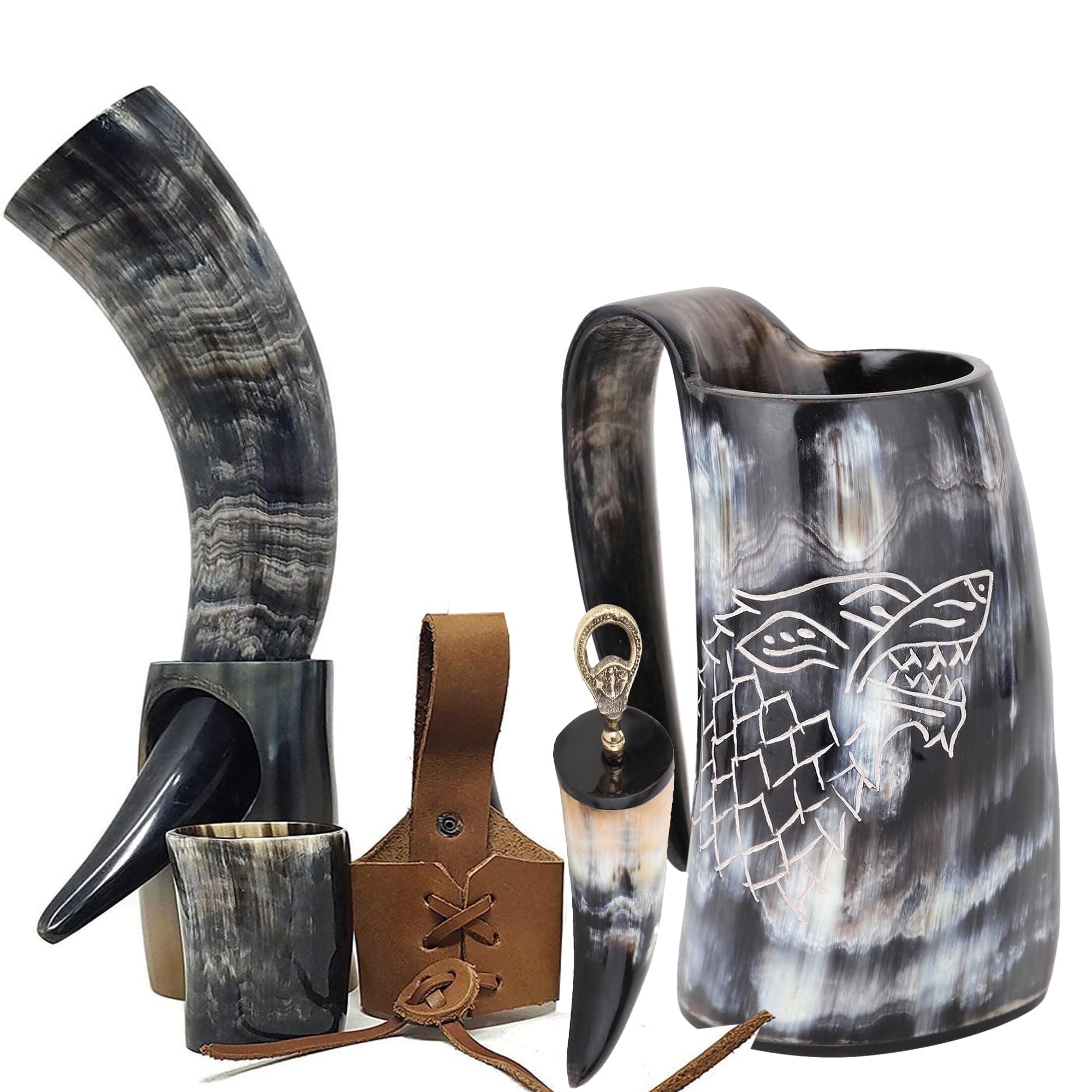 Viking Drinking Horn Mug & Cup Set | 6-Piece Collection with 16oz Dire Wolf Engraved Mead & Beer Mug, Shot Glass, Bottle Opener, Leather Strap, Drinking Horn & Stand | Norse Gift for Men