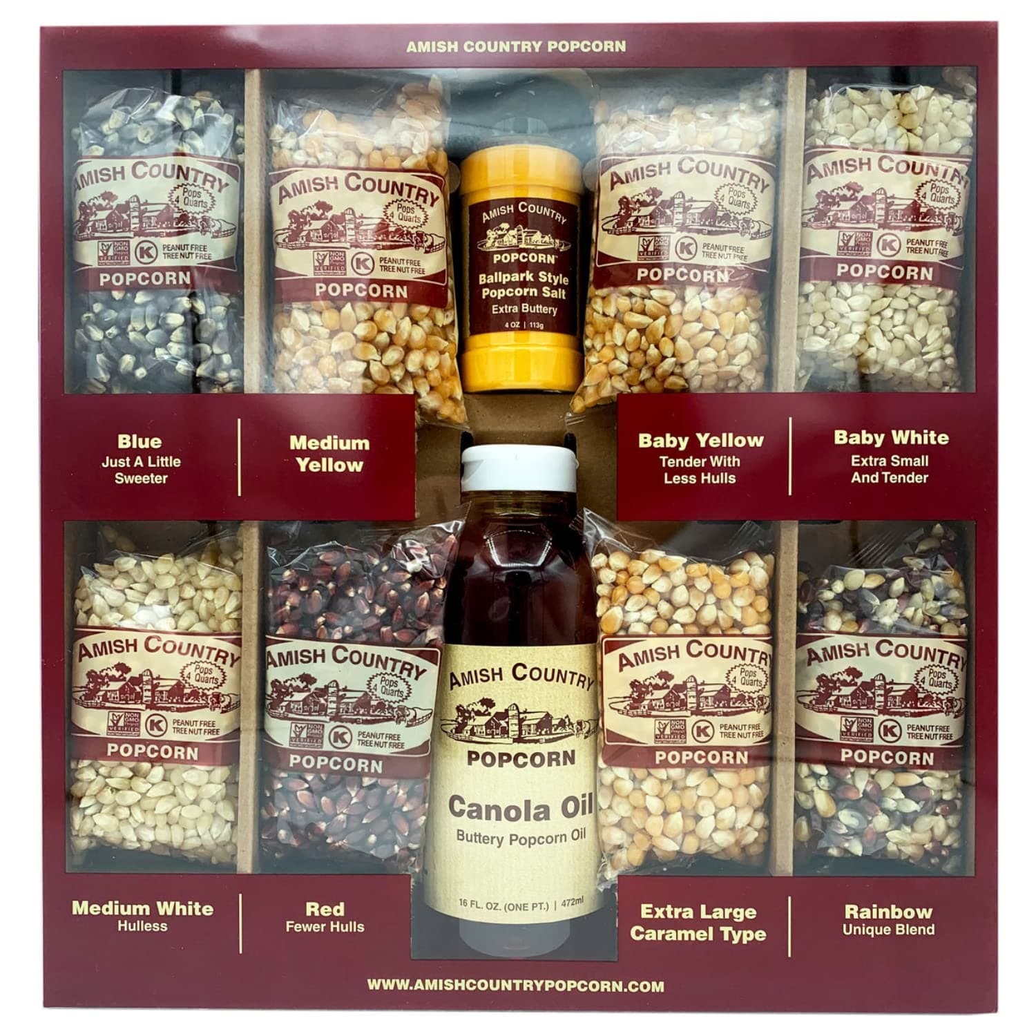 Amish Country Popcorn 8/4 Oz Bags Amish Country Variety Popcorn Gift Set, 16 Oz Canola Oil, 4.5 Oz Butter Salt