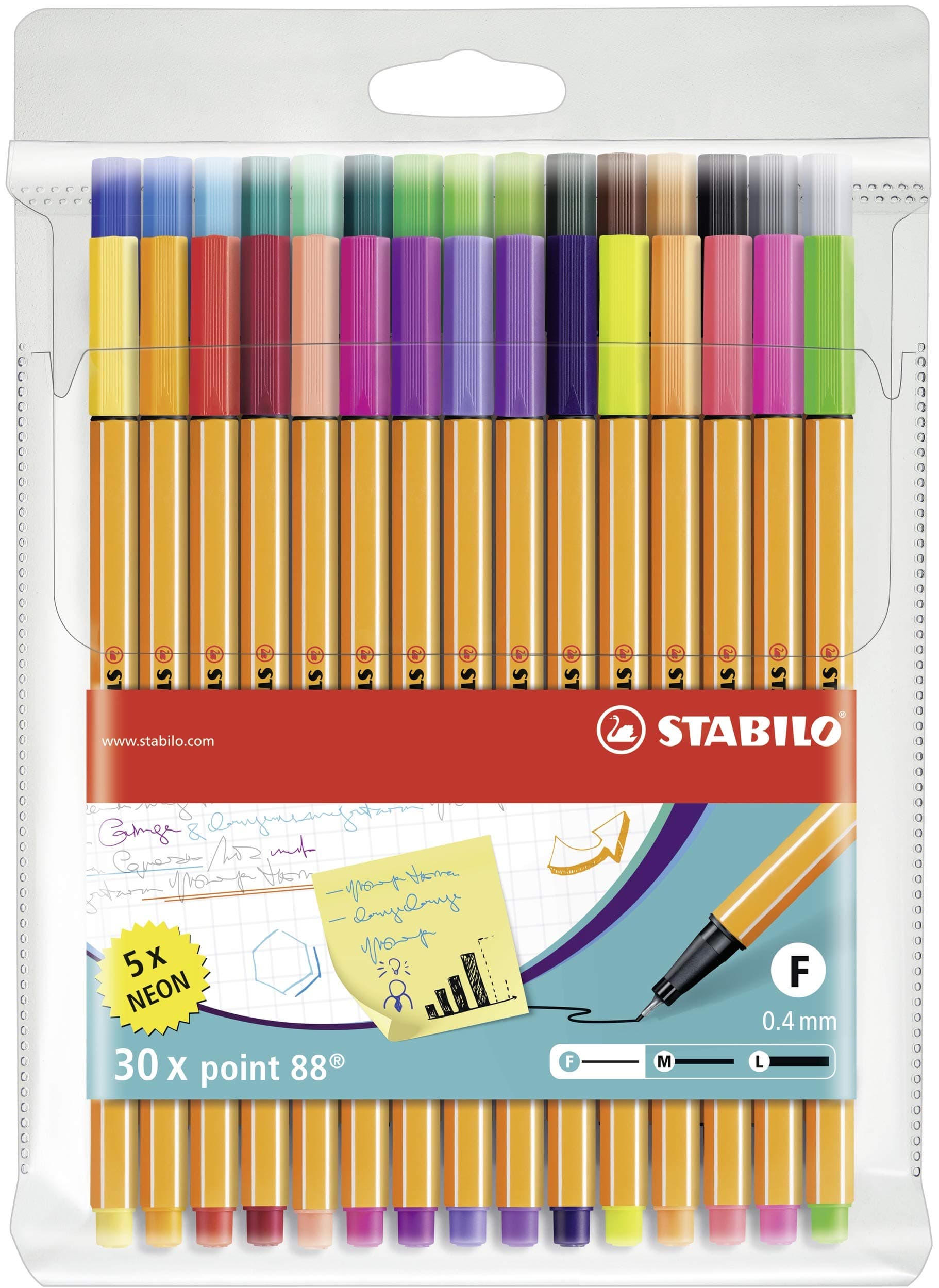 Fineliner - STABILO point 88 - Pack of 30 - Assorted Colors including 5 Neon Colors