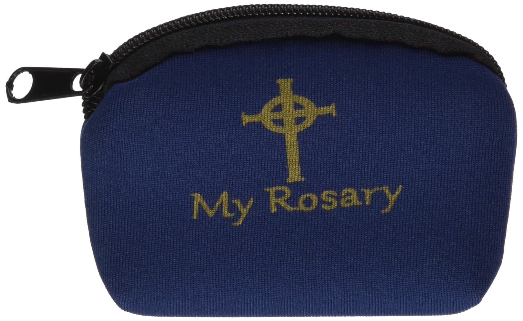 Catholic Gift Blue My Rosary Zippered Pouch Case with Stamped Gold Celtic Cross Design