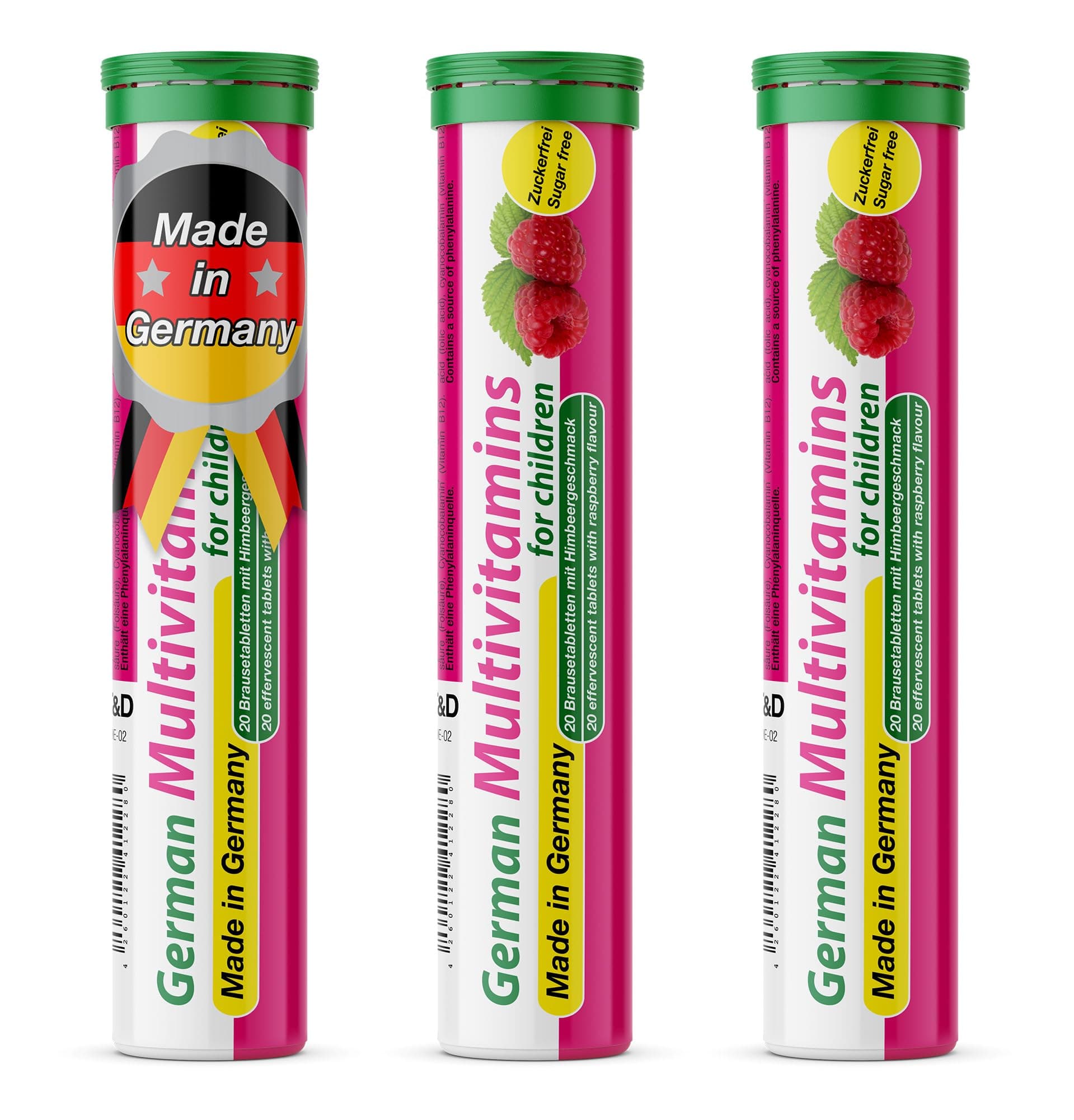 German Multivitamin for Children 60 Drink Effervescent Tablets - Sweet Raspberry Flavour, Sugar Free, Vegan - Vitamin C, E, B1, B2, B6, B12, Folic Acid, Niacin – T&D Pharma – Made in Germany