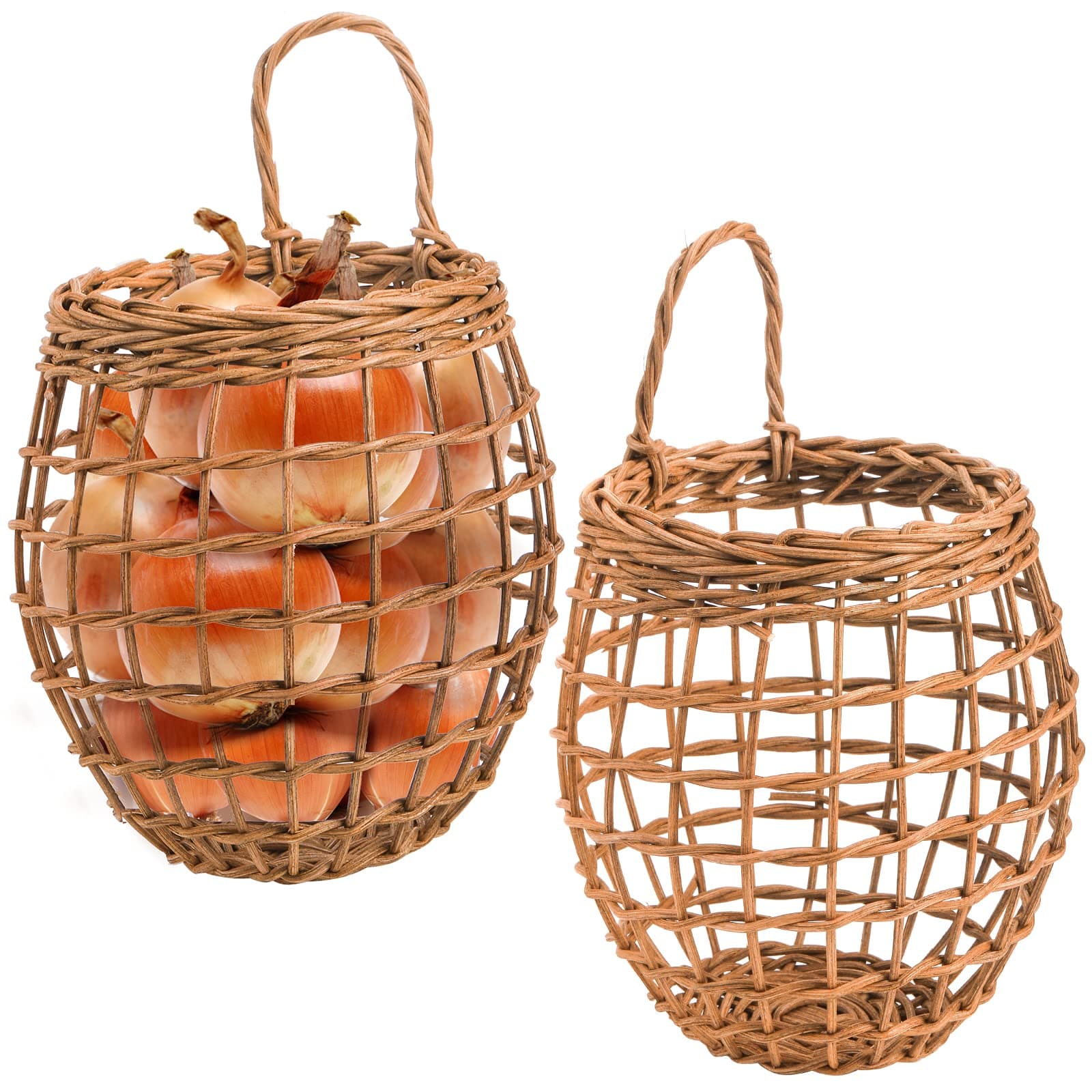 Elsjoy Set of 2 Hanging Onion Basket, Wall Mount Small Wicker Baskets for Food Storage, Woven Rattan Basket for Kitchen, Pantry, Home Decor