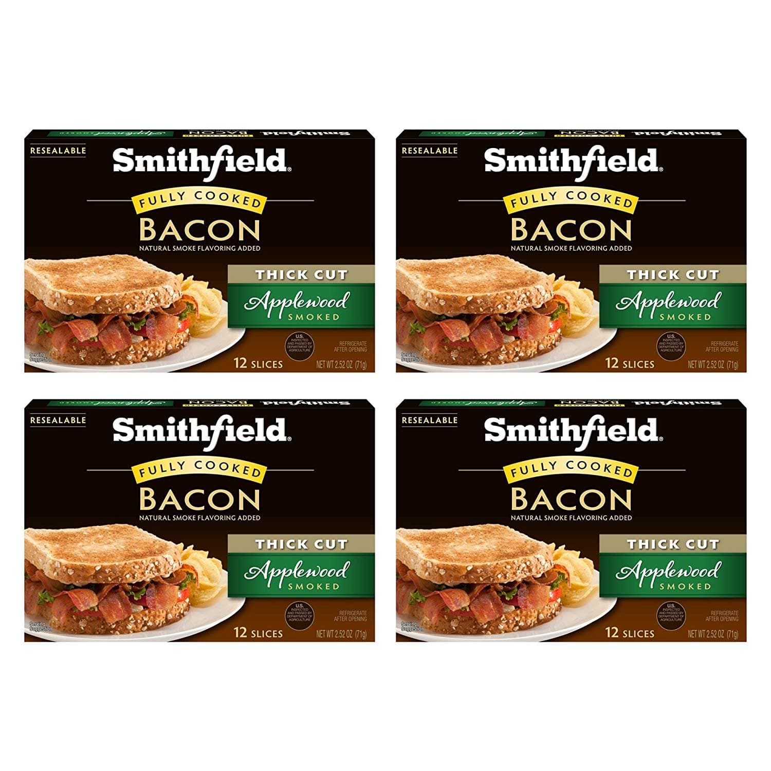 Smithfield Applewood Smoked Bacon, Fully Cooked, Ready-to-Eat, 12 slices, 4 pack