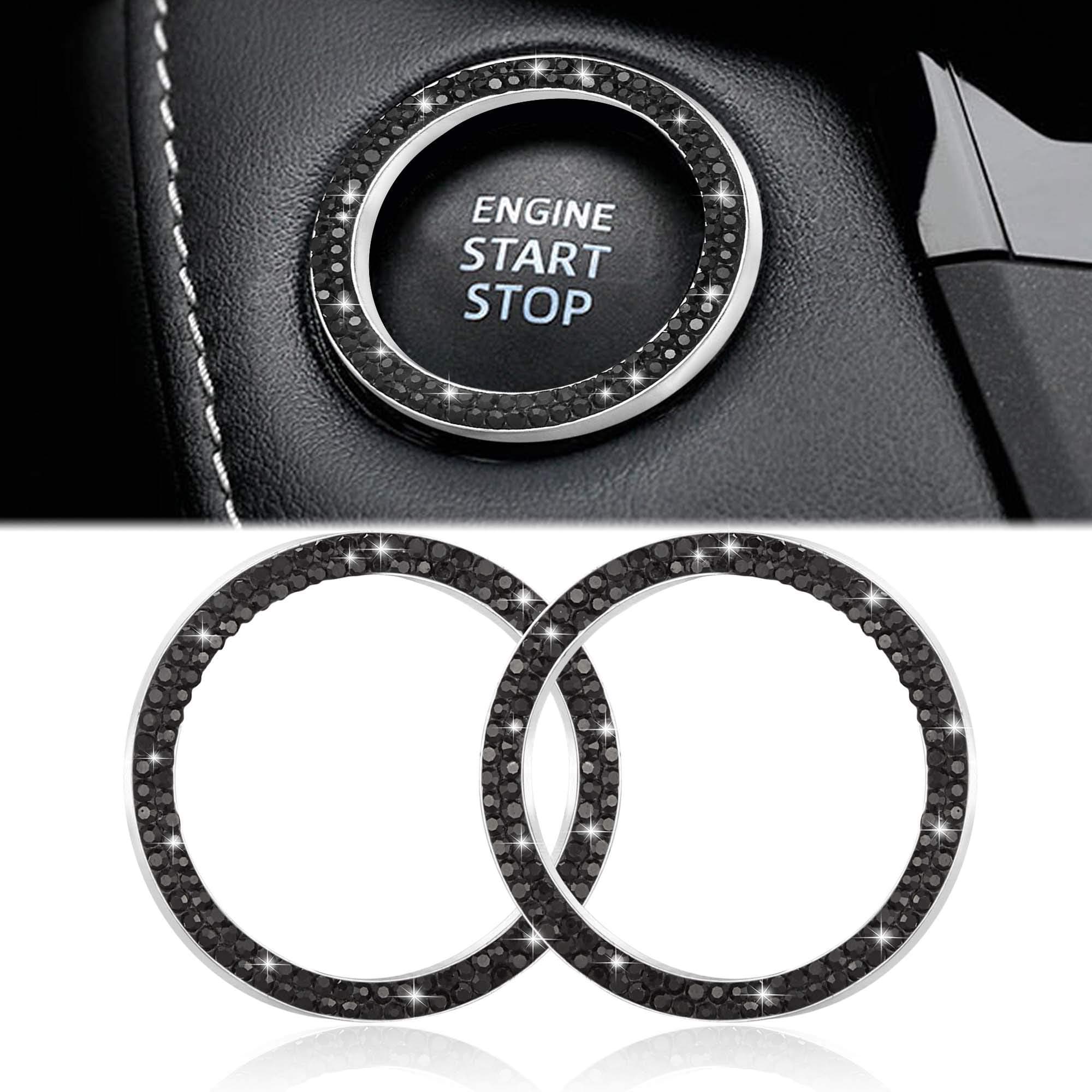 WINKA 2pcs Bling Car Engine Start Button Cover Diamond Crystal Push Start Stop Button Ring Sparkly Bling Ignition Button Cover Rhinestone Keyless Ignition Ring Universal Car Accessories (Black)