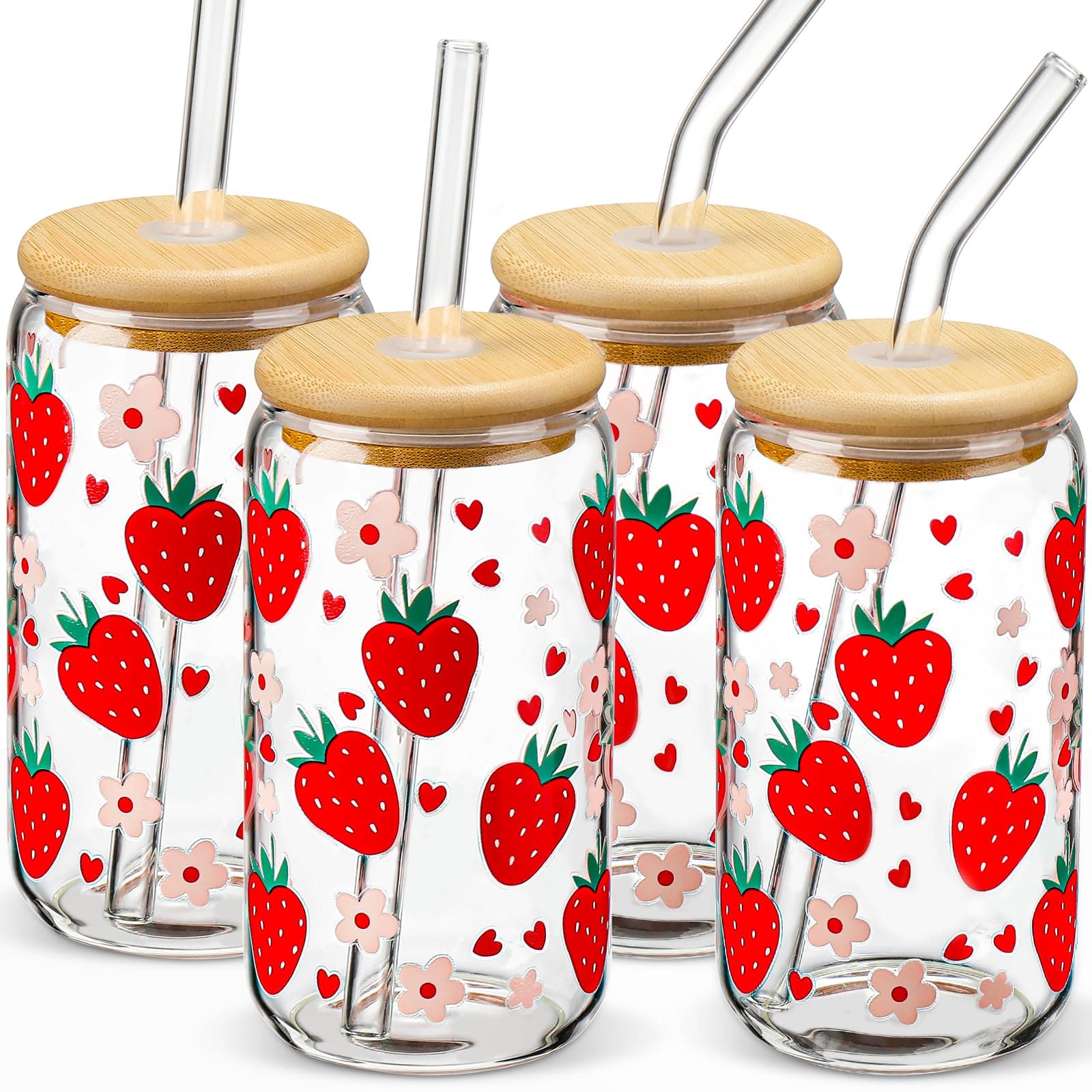 Glass Cups with Lids and Straws with Design Strawberry 4 pcs,Clear Glass Cups 16 oz-DWTS Drinking Glasses Set,Glass Tumbler,Cute Design Glass Iced Coffee Cups with Lids and Straws