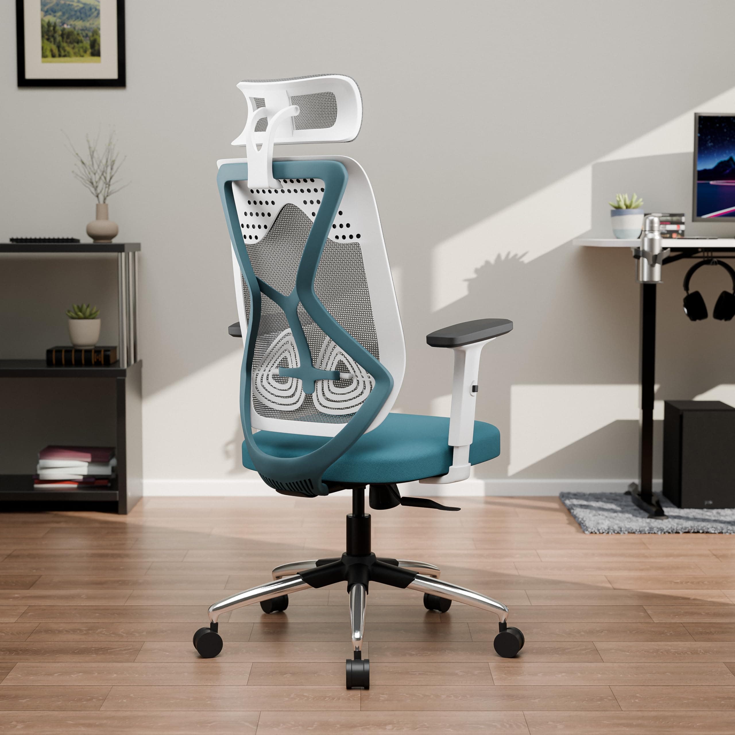 Zodiac Lite | Office Chair | Flybird Ergonomic Design |Adjustable Armrests | Synchro Tilt Mechanism | Adjustable Lumbar Support|Mesh Fabric| No Seat Slider | White & Blue