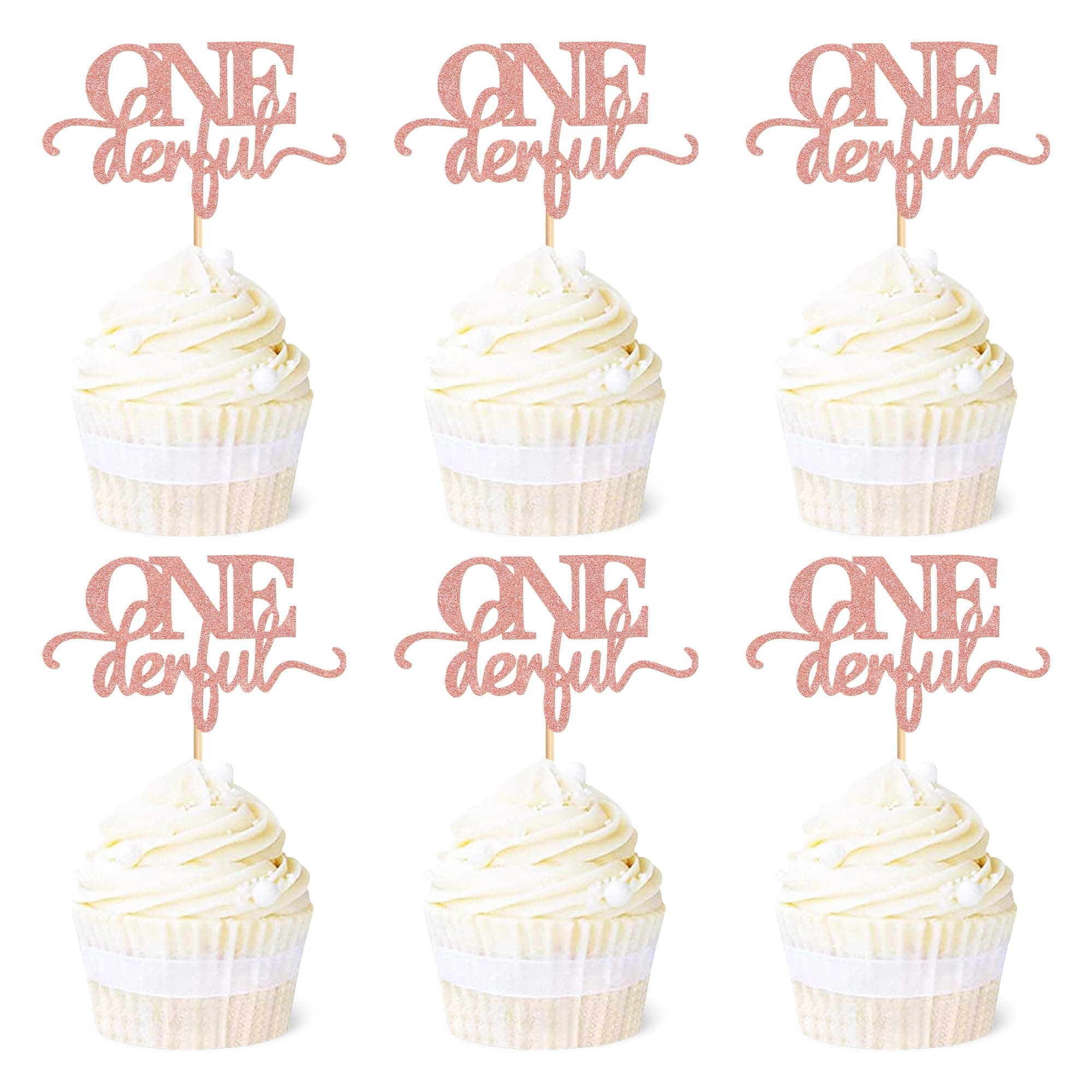 Ercadio 24 Pack Onederful Cupcake Toppers Rose Gold Glitter Onederful Cupcake Picks Onederful Cupcake Decorations for Baby Shower Kids first Birthday Theme Party Cake Decoration Supplies