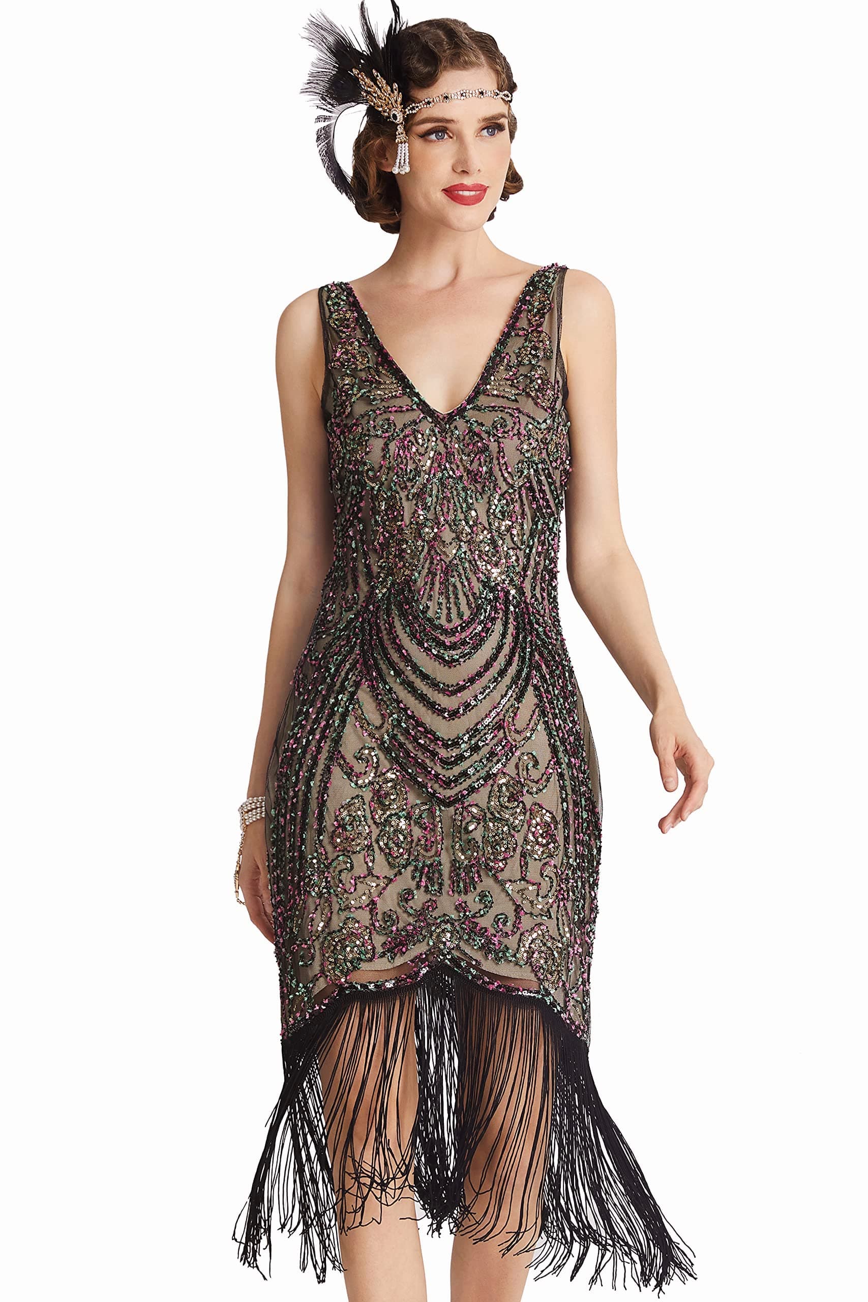 Flapper Dresses 1920s V Neck Beaded Fringed Great Gatsby Dress