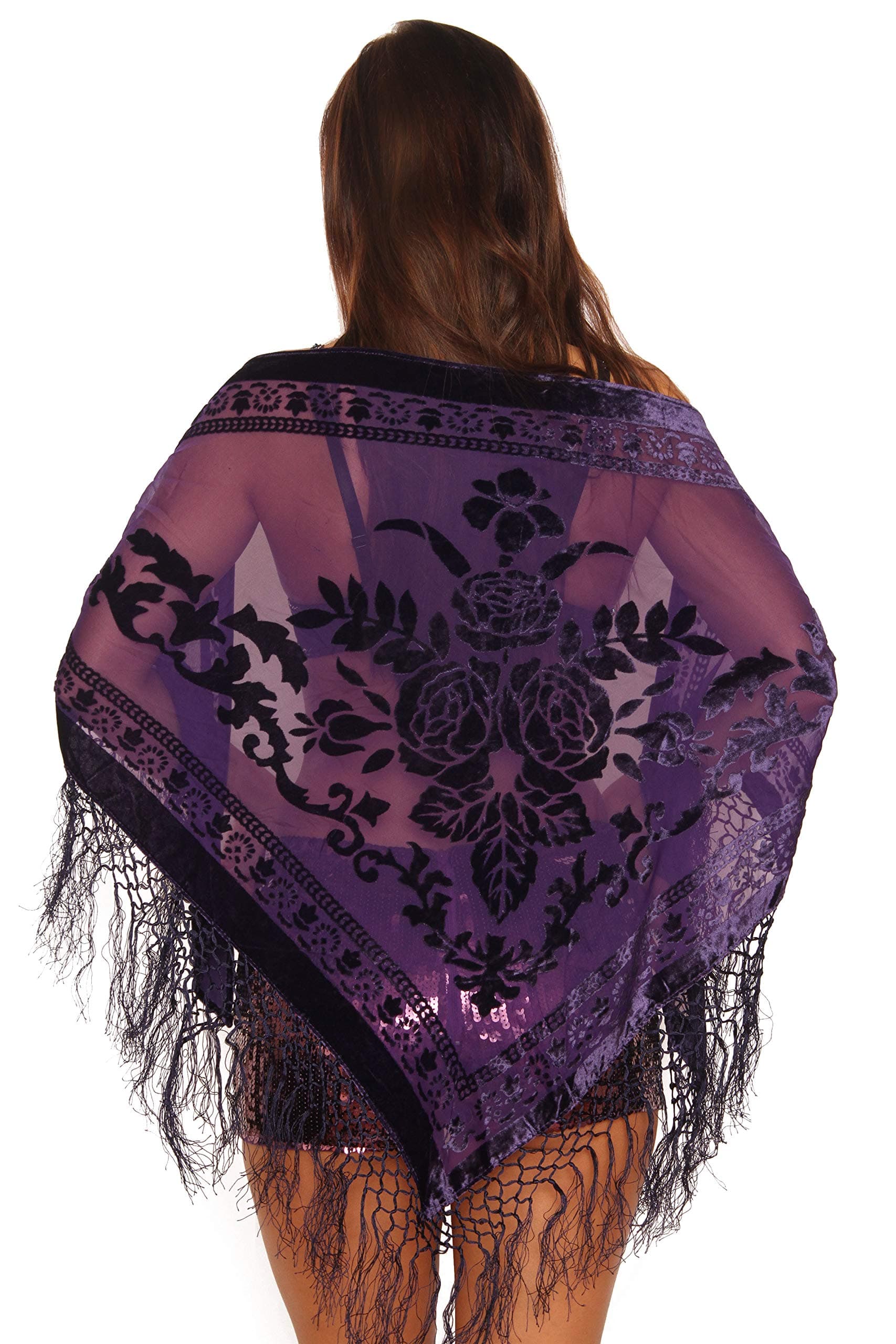 Velvet Burnout Shawl Wrap With Fringe