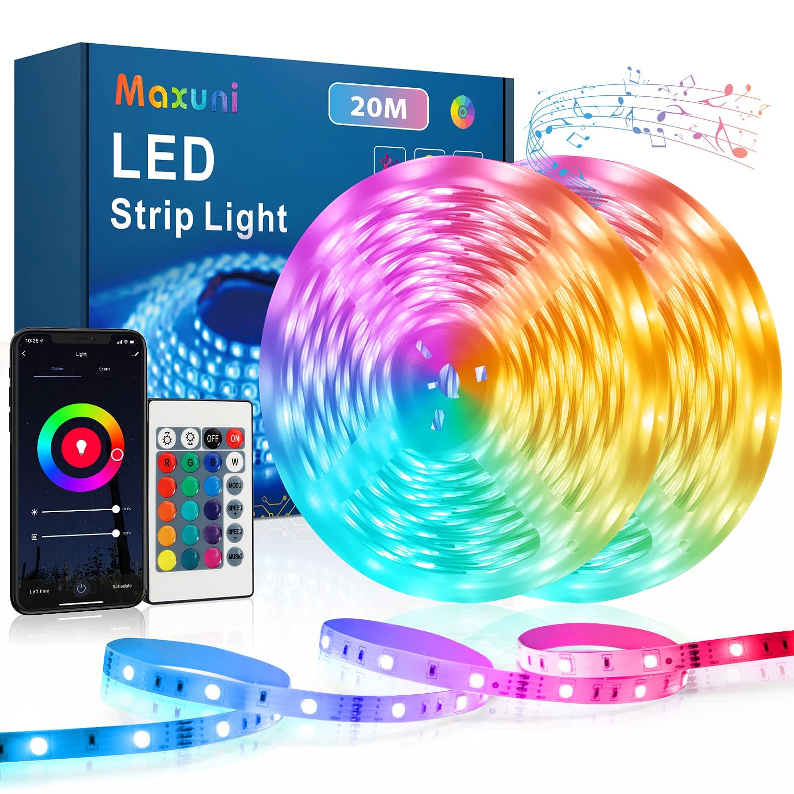 Led Strip Light with Remote 20M(10M*2), Music Sync Strip Lighting with Bluetooth App Control, RGB Colour Changing Strip Lights with UK Plug, Ideal for Bedroom TV Decoration