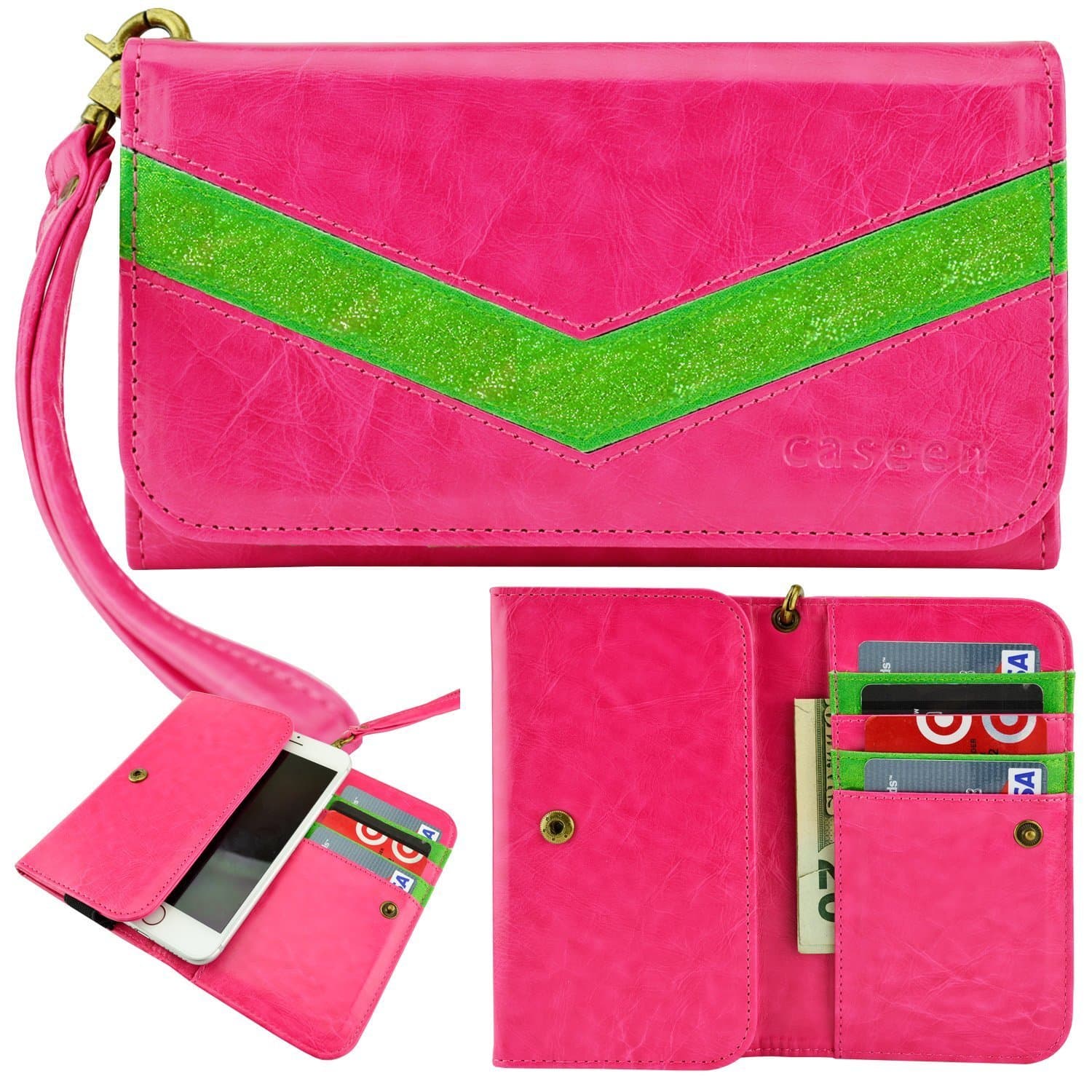 caseen ViVi Women's Smartphone Wallet Clutch Wristlet Case (Pink/Glitter Green) for HTC One remix, Desire 612, KYOCERA Brigadier, Nokia Lumia 928, Blackberry Q10, Z10, Z30, Bold 9930, LG Enact, Lucid 3, Samsung ATIV SE