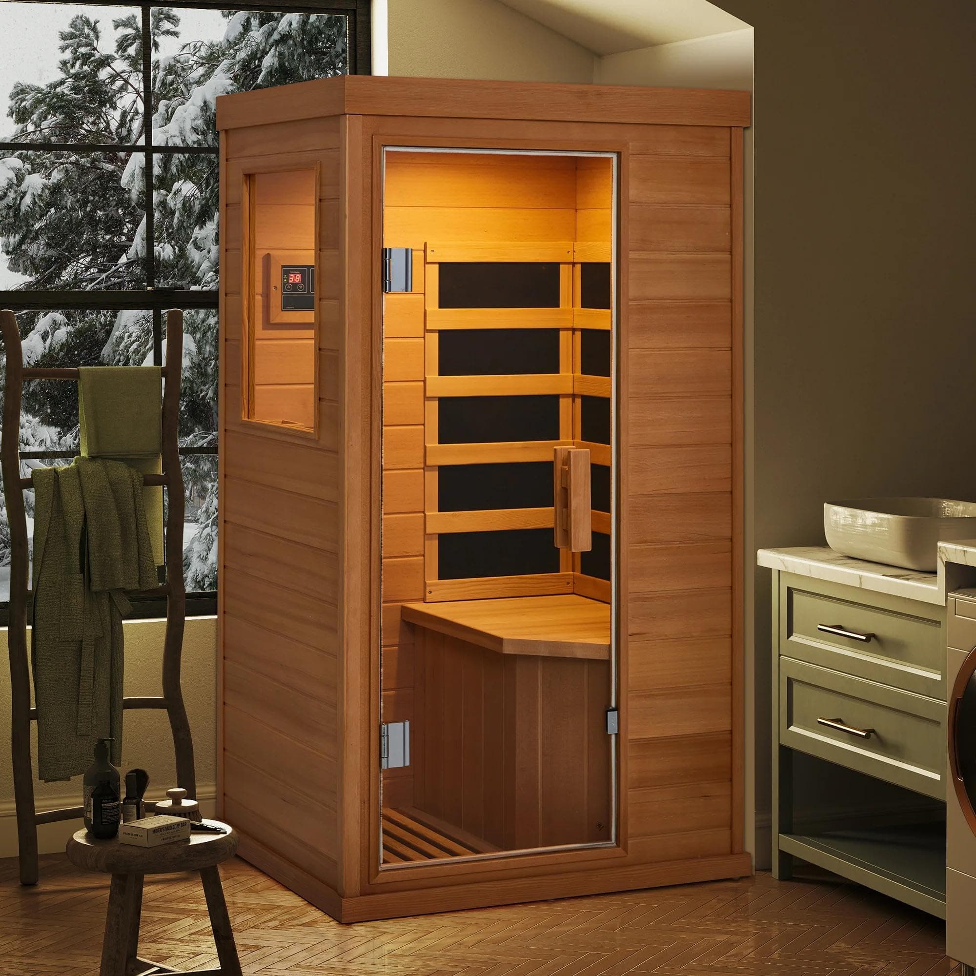BNEHS Infrared Sauna 1 Person, Full Spectrum Infrared Sauna for Home, Indoor Dry Sauna with 4 Heater Panels, Bluetooth and Tempered Glass,Canadian Hemlock