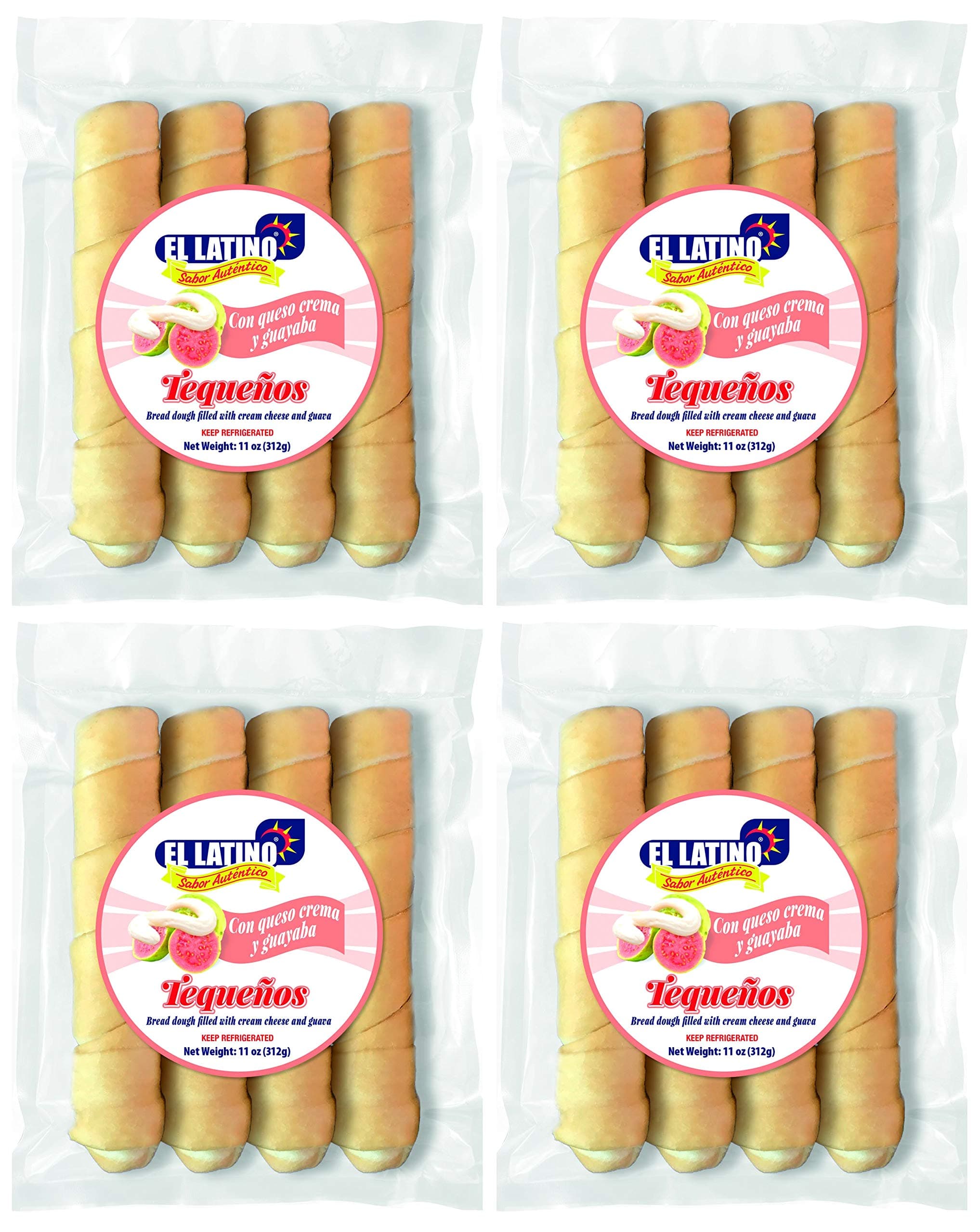 El Latino Tequenos, cheese and guava, Pack of 4, 11oz or 4 units each. Total 16 units or 2.75Lb.