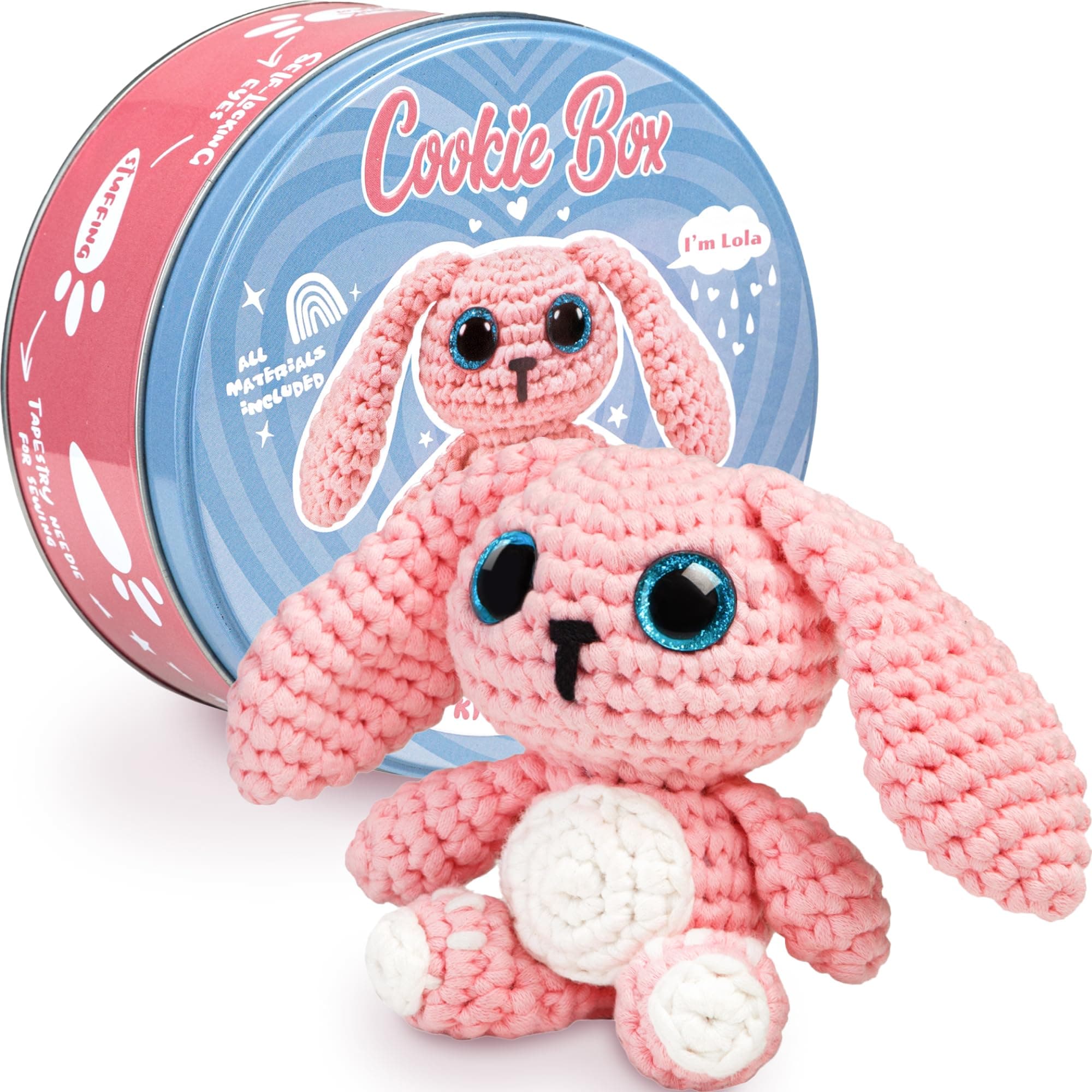Cookie Box Original Crochet Kit for Beginners – Gift Set to Make Bunny Lola Amigurumi Plushie – Easy DIY Crochet & Knitting Starter Kit with Video and PDF Tutorials