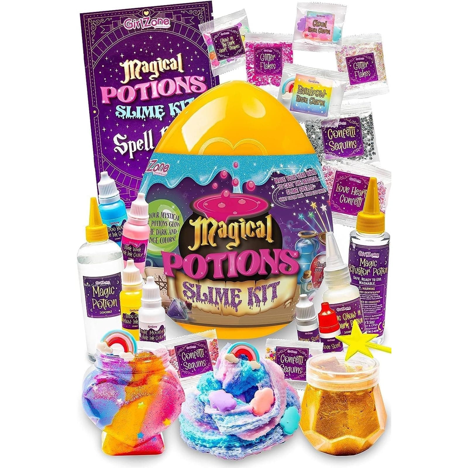 GirlZone Magic Potion Slime Kit - Glow-in-The-Dark, Multicolor, 6 Brews & Spell Book - Slime Making Kit & Magic Potion Set for Girls & Kids