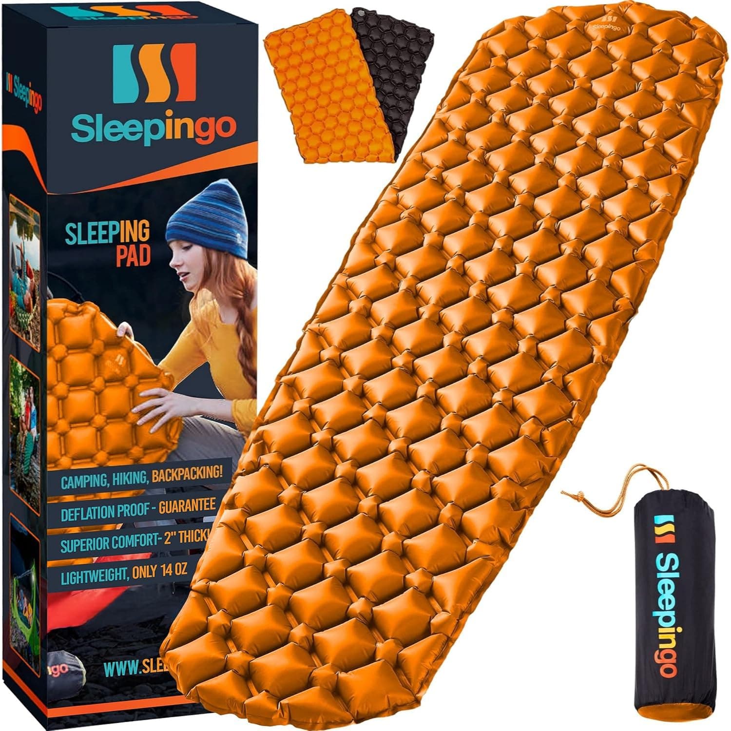 Sleepingo Sleeping Pad for Camping - Ultralight Sleeping Mat for Camping, Backpacking, Hiking - Lightweight, Inflatable & Compact Camping Air Mattress (Orange)