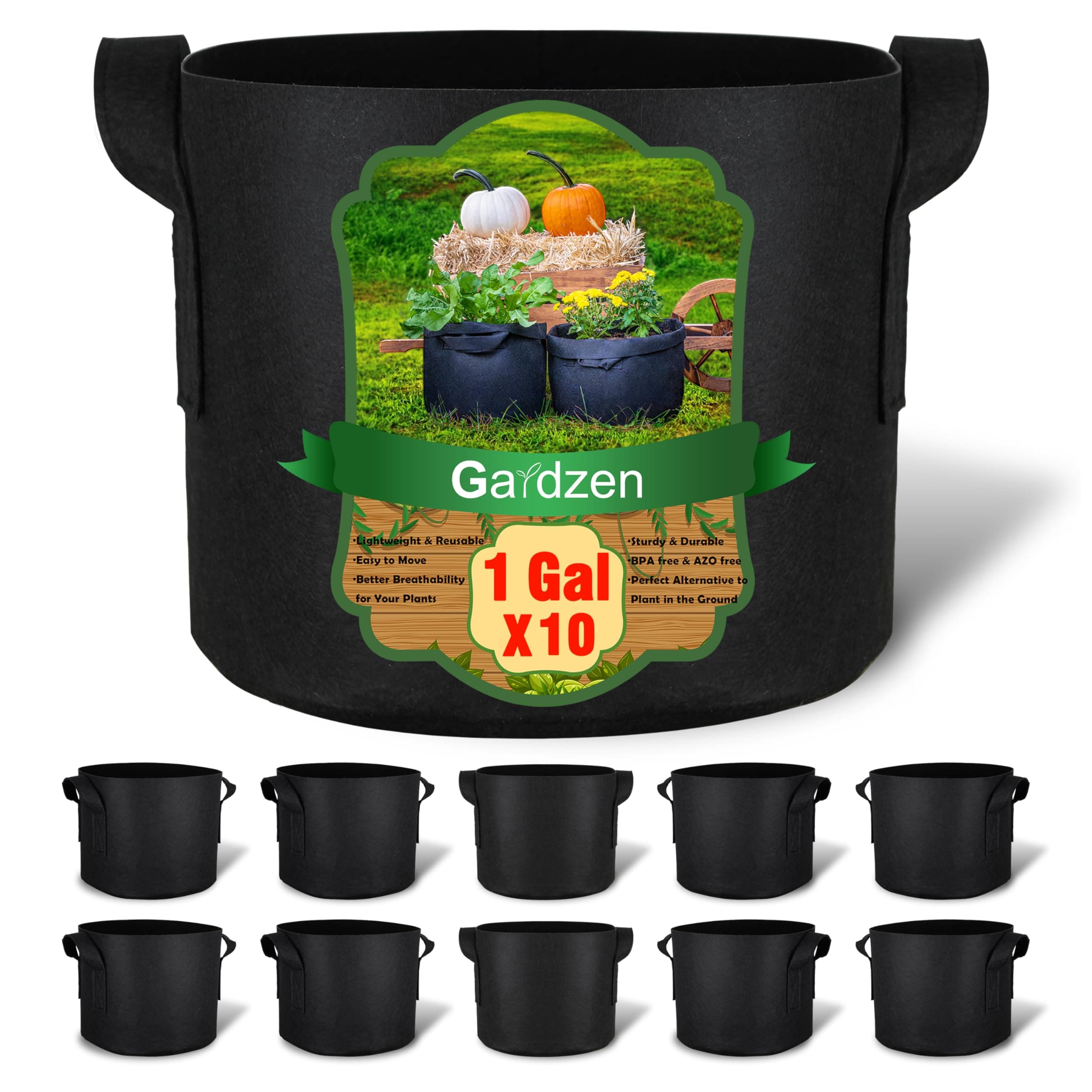 Gardzen 10-Pack 1 Gallon Grow Bags, Aeration Fabric Pots with Handles, Heavy Duty Cloth Pots for Plants