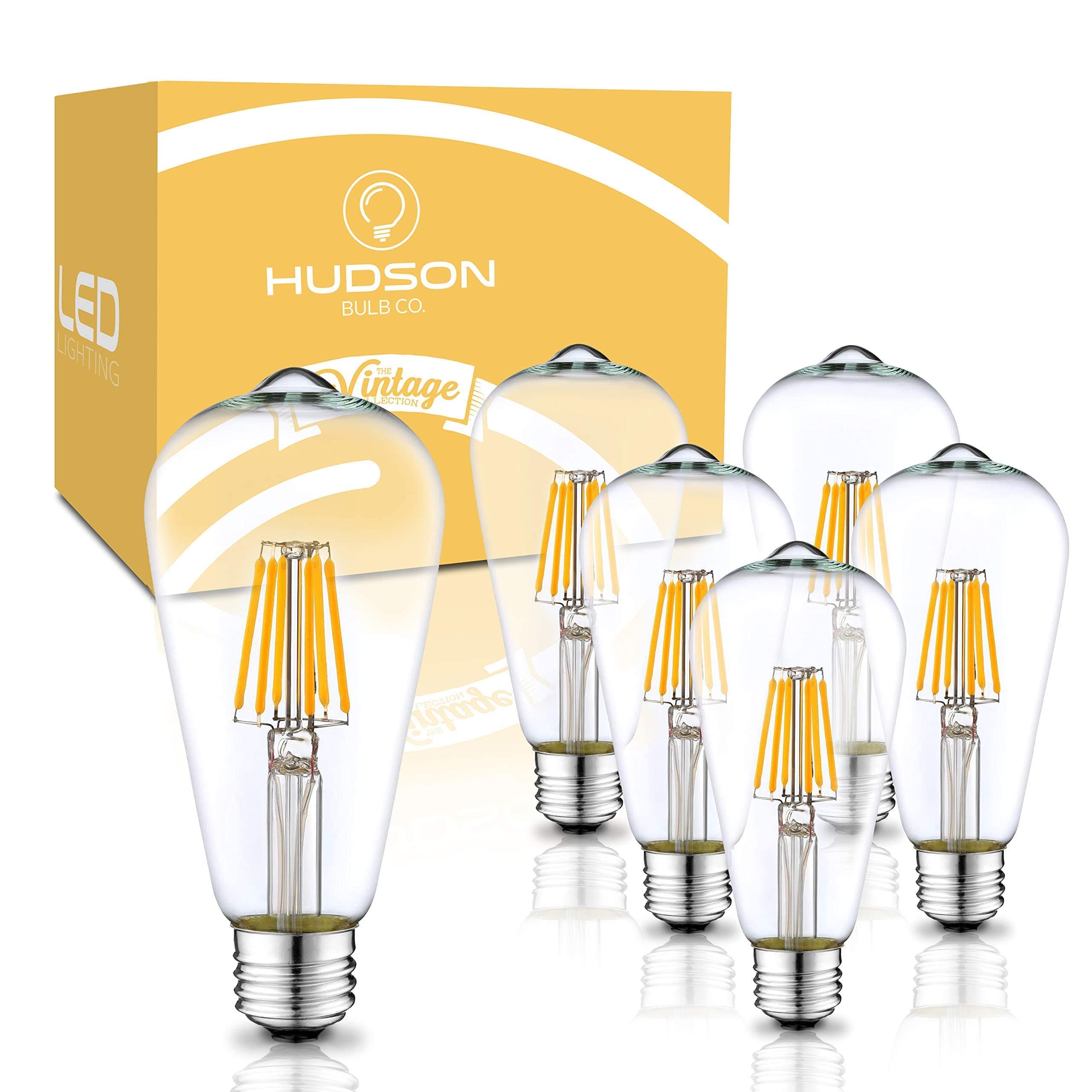 HUDSON BULB CO. Vintage LED Edison Light Bulbs, 60W Equivalent, E26/E27 Base, 2700K Soft White, Dimmable, ST58 Style Decorative Lights - 6 Pack