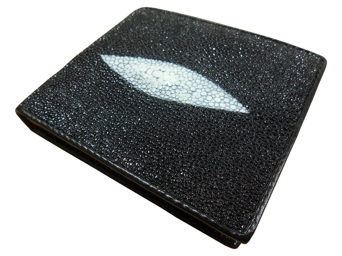 Liphontcta Authentic Stingray Skin Leather Bi-fold Wallet Black with White Pearl 6 Card Slots
