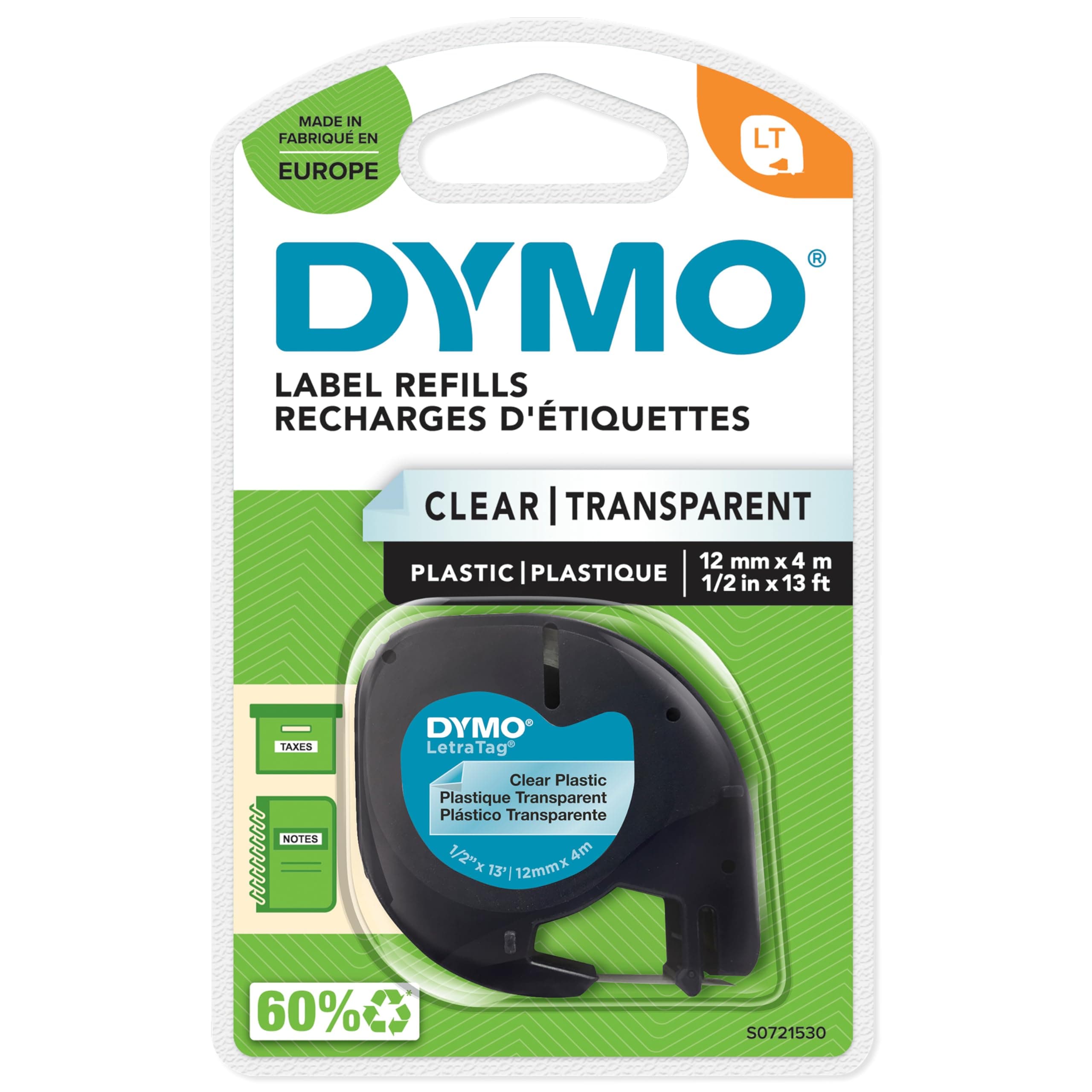 DYMO Authentic LT Plastic Labels | 12 mm x 4 m Roll | Black Print on Clear Labels | for LetraTag Label Makers