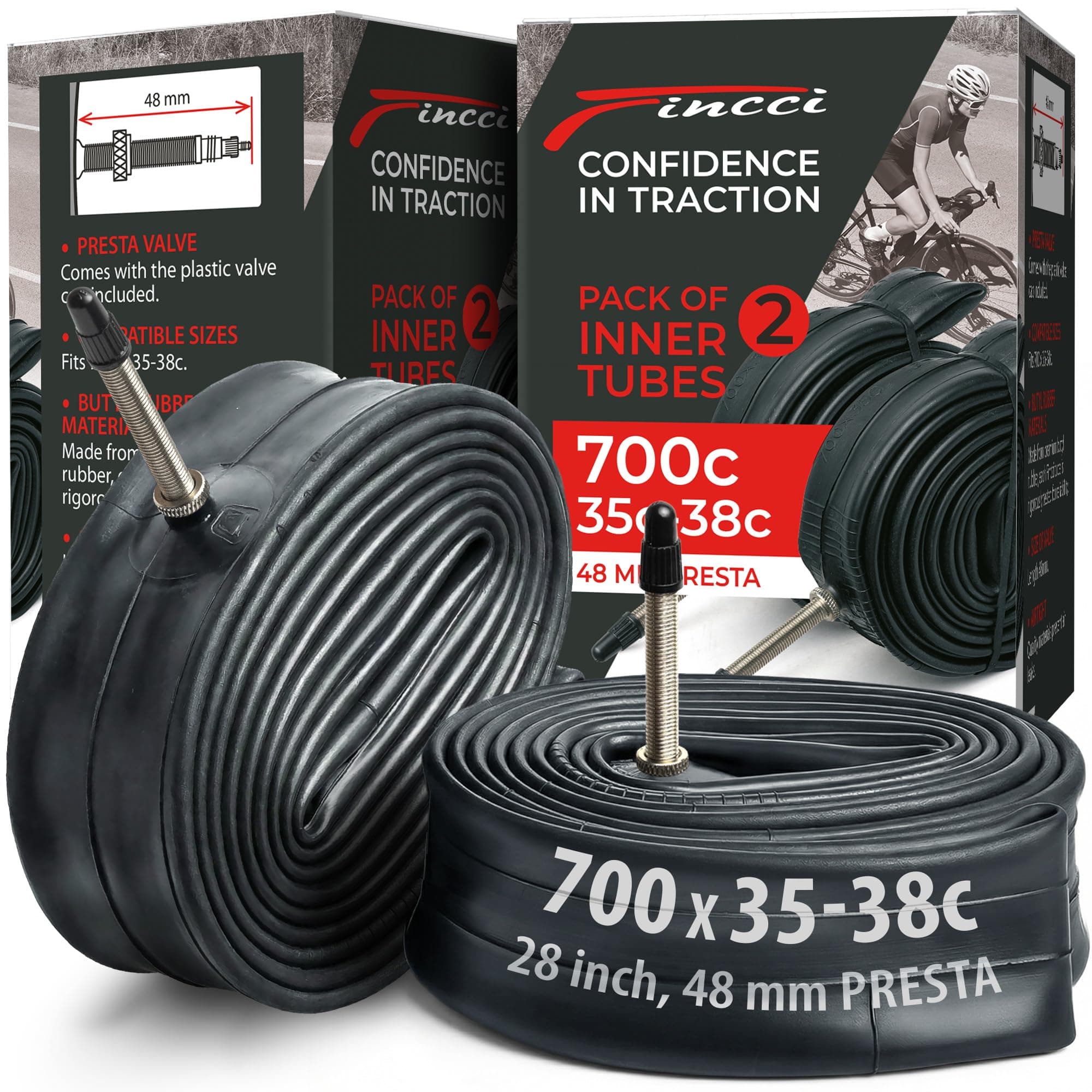 Pack Inner Tubes 700c x 35c x 38c with 48mm Presta Valve - 700c Bike Tube for Gravel, Urban, Road, Touring, Hybrid, Bicycles, E Bikes - 28 inch Bike Tubes Butyl Rubber for Wheels 622