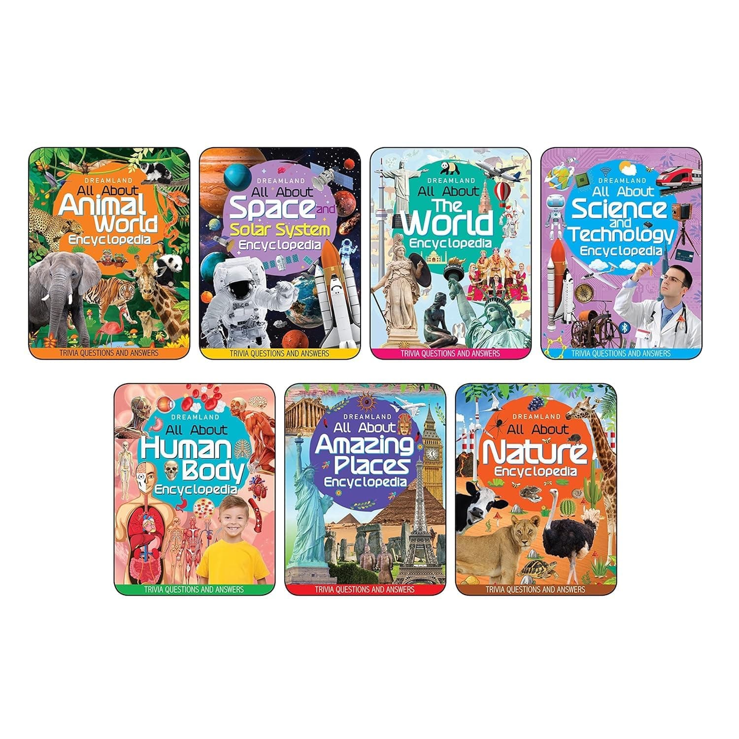 Children encyclopedia books pack for age 5 - 15 years- all about trivia questions and answers | animals world, space and solar system, the world, ... human body, amazing places, nature